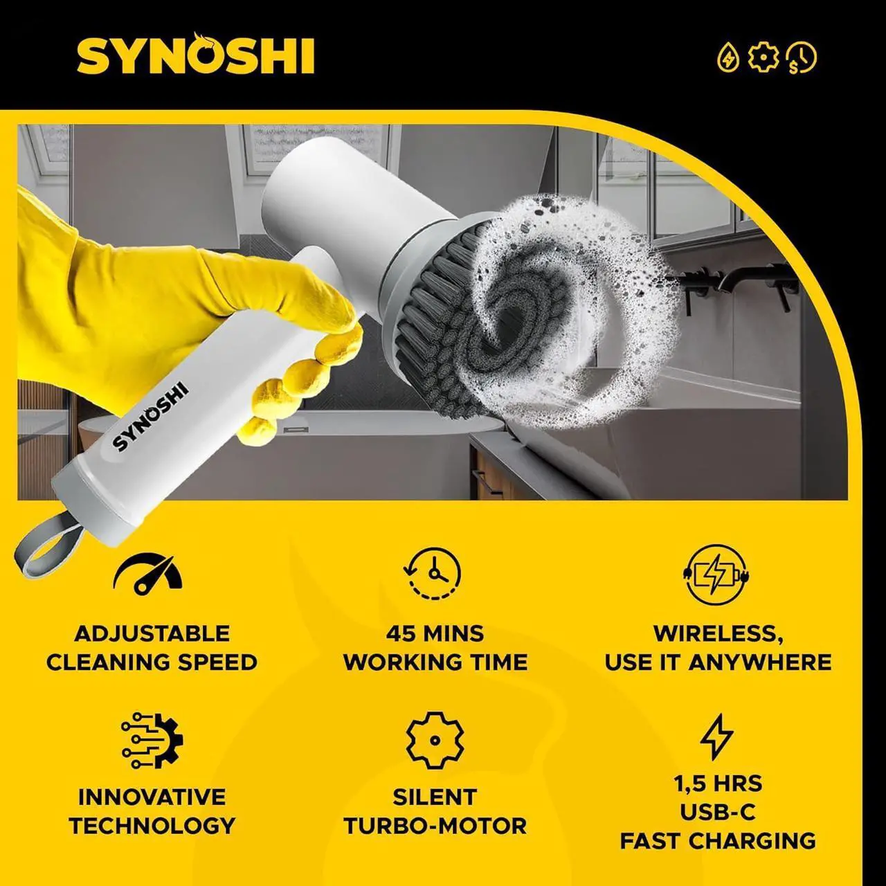 Alt view image 4 of 7 - SYNOSHI Electric Spin Scrubber, Power Cleaning Brush with 3 Heads, Cordless Waterproof Shower Scrubber with Dual Speed, Perfect for Cleaning Bathroom, Tile, Cars, Floor. Electric Scrub Brush for tub