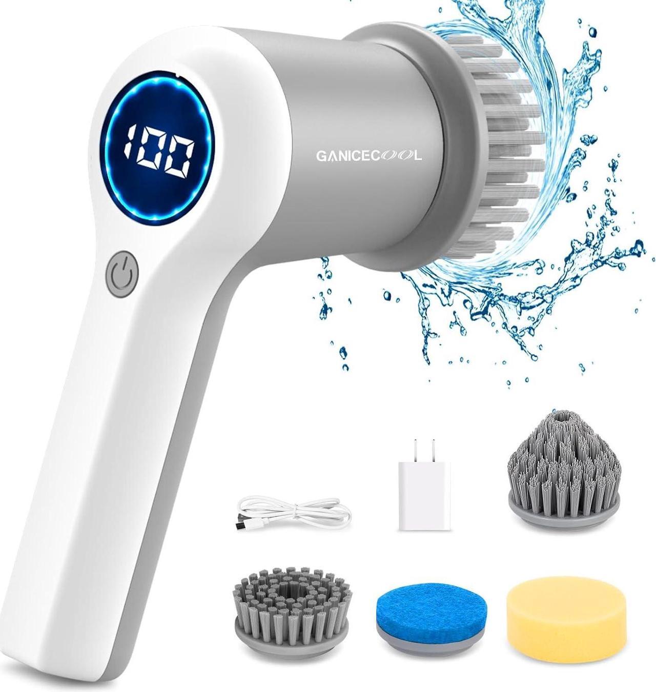 Main image of GANICECOOL Electric Spin Scrubber, Cordless Electric Shower Scrubber with 4 Replaceable Shower Cleaning Brush Heads Rechargeable for Cleaning Tub,Tile,Floor, Sink, Window, Stove (Gray)