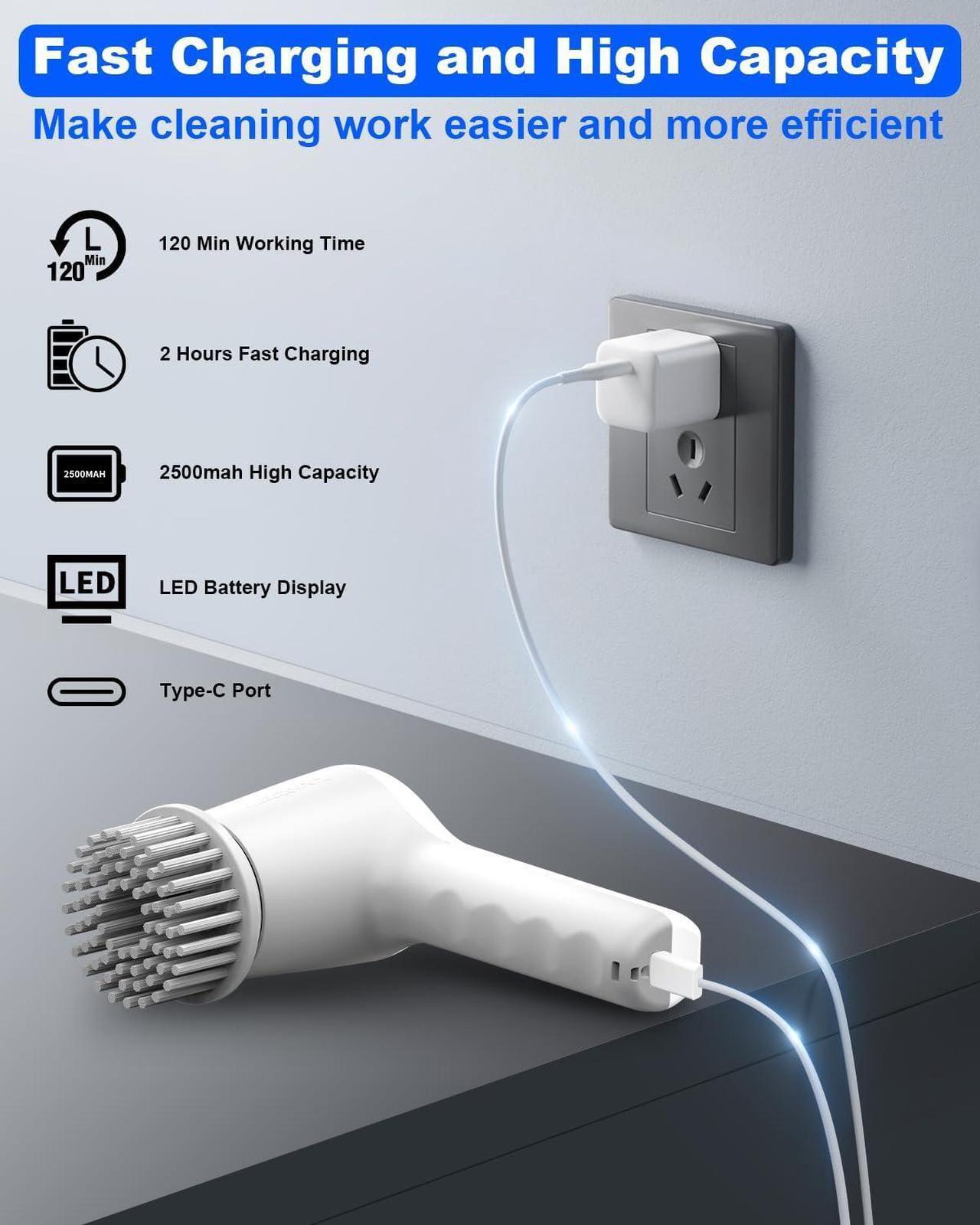 Alt view image 4 of 6 - GANICECOOL Electric Spin Scrubber, Cordless Electric Shower Scrubber with 4 Replaceable Shower Cleaning Brush Heads Rechargeable for Cleaning Tub,Tile,Floor, Sink, Window, Stove (Gray)