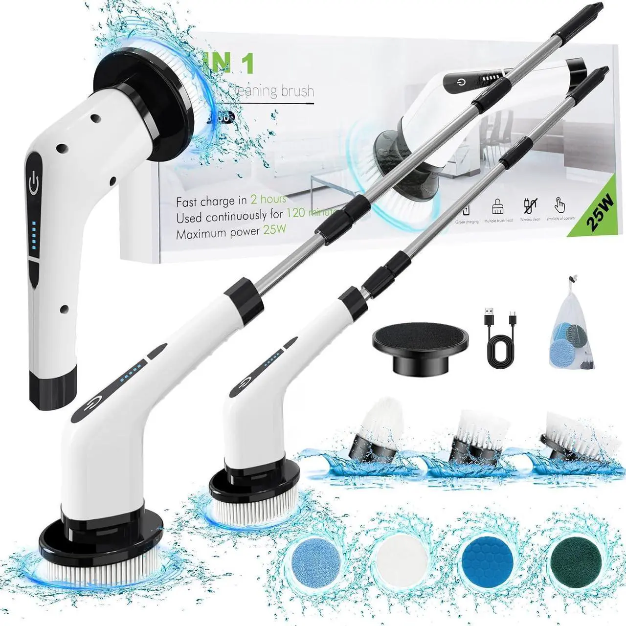Main image of Electric Spin Scrubber, Cordless Cleaning Brush with 7 Replaceable Brush Heads Power Scrubber Shower Cleaning Brush with Adjustable & Detachable Handle for Bathroom, Tub, Tile, Floor, Car