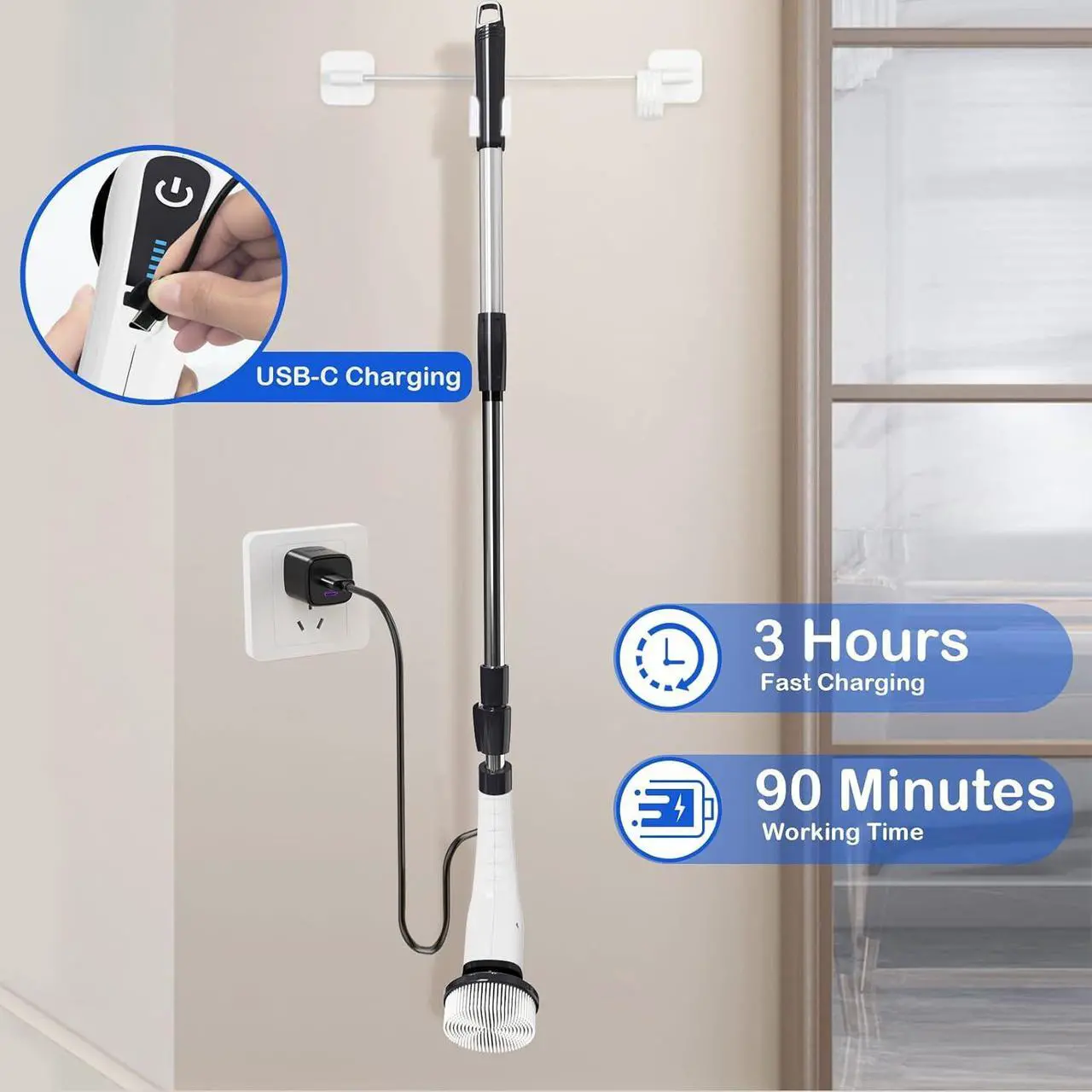 Alt view image 3 of 6 - Electric Spin Scrubber, Cordless Cleaning Brush with 7 Replaceable Brush Heads Power Scrubber Shower Cleaning Brush with Adjustable & Detachable Handle for Bathroom, Tub, Tile, Floor, Car