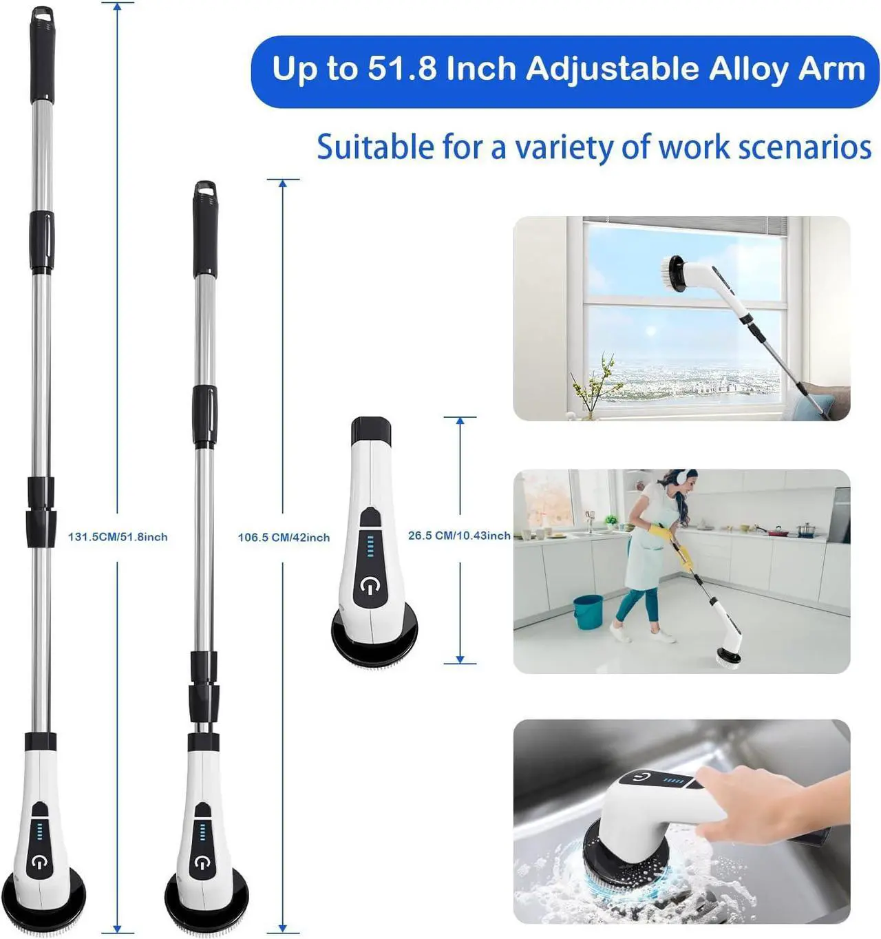 Alt view image 4 of 6 - Electric Spin Scrubber, Cordless Cleaning Brush with 7 Replaceable Brush Heads Power Scrubber Shower Cleaning Brush with Adjustable & Detachable Handle for Bathroom, Tub, Tile, Floor, Car