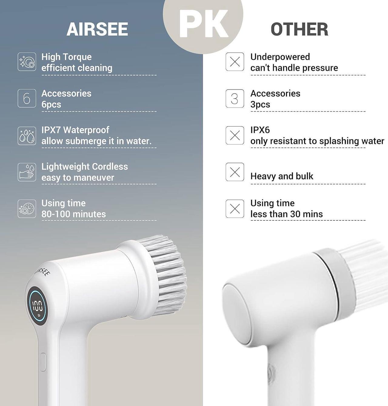 Alt view image 7 of 7 - AIRSEE Electric Spin Scrubber for Bathroom Bathtub, Cordless Power Spinning Scrub Brush, Handheld Shower Cleaner Brush with 6 Replaceable Brush Heads for Tile, Tub, Dish, Sink