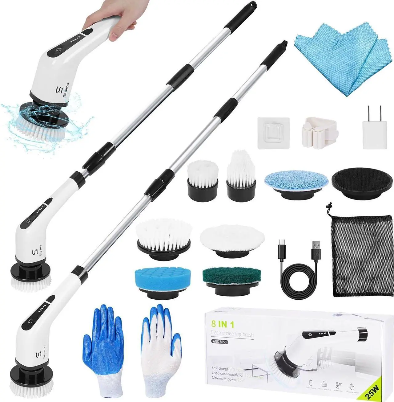 Main image of SAPANA Electric Spin Scrubber with 8 Replaceable Heads, Gloves, Rechargeable Power Scrubber Adjustable Extension Rod, Electric Scrubber for Cleaning, Floor Tile Window car (8050)