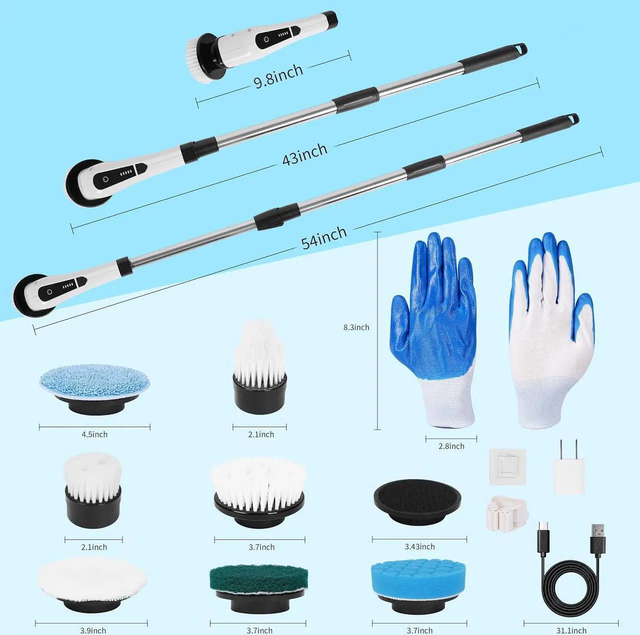 Alt view image 2 of 7 - SAPANA Electric Spin Scrubber with 8 Replaceable Heads, Gloves, Rechargeable Power Scrubber Adjustable Extension Rod, Electric Scrubber for Cleaning, Floor Tile Window car (8050)