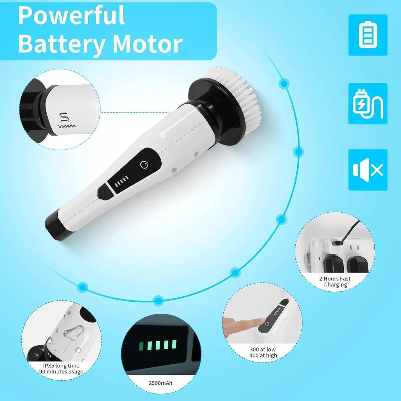 Alt view image 3 of 7 - SAPANA Electric Spin Scrubber with 8 Replaceable Heads, Gloves, Rechargeable Power Scrubber Adjustable Extension Rod, Electric Scrubber for Cleaning, Floor Tile Window car (8050)