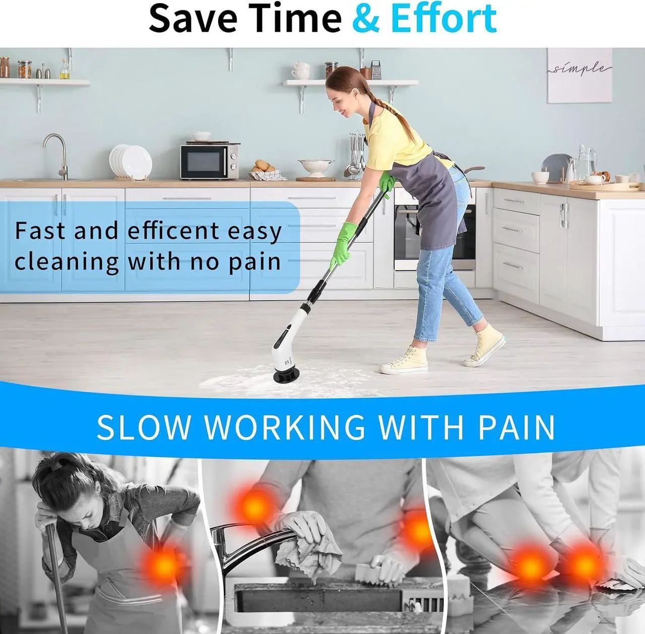 Alt view image 4 of 7 - SAPANA Electric Spin Scrubber with 8 Replaceable Heads, Gloves, Rechargeable Power Scrubber Adjustable Extension Rod, Electric Scrubber for Cleaning, Floor Tile Window car (8050)