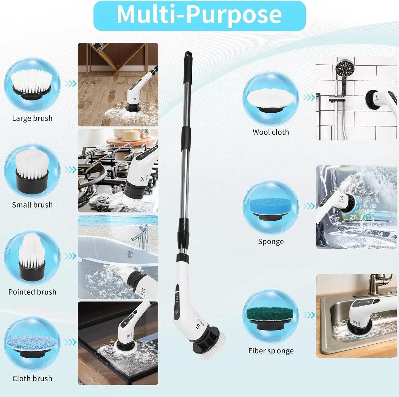 Alt view image 5 of 7 - SAPANA Electric Spin Scrubber with 8 Replaceable Heads, Gloves, Rechargeable Power Scrubber Adjustable Extension Rod, Electric Scrubber for Cleaning, Floor Tile Window car (8050)