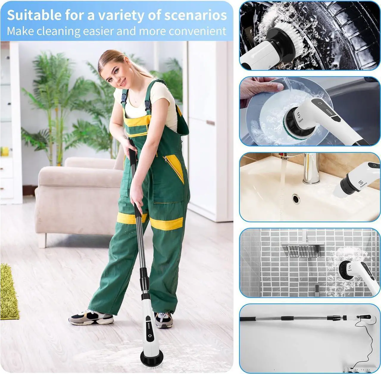 Alt view image 6 of 7 - SAPANA Electric Spin Scrubber with 8 Replaceable Heads, Gloves, Rechargeable Power Scrubber Adjustable Extension Rod, Electric Scrubber for Cleaning, Floor Tile Window car (8050)