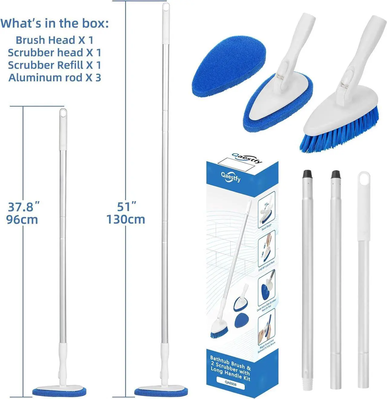 Alt view image 6 of 7 - Qaestfy Shower Bathtub Tub and Tile Scrubber Brush with 51'' Adjustable Long Handle Cleaning Brushes Lock in Place Scrub Brush Head for Bathroom Wall Floor Scrubbing Model QAE008