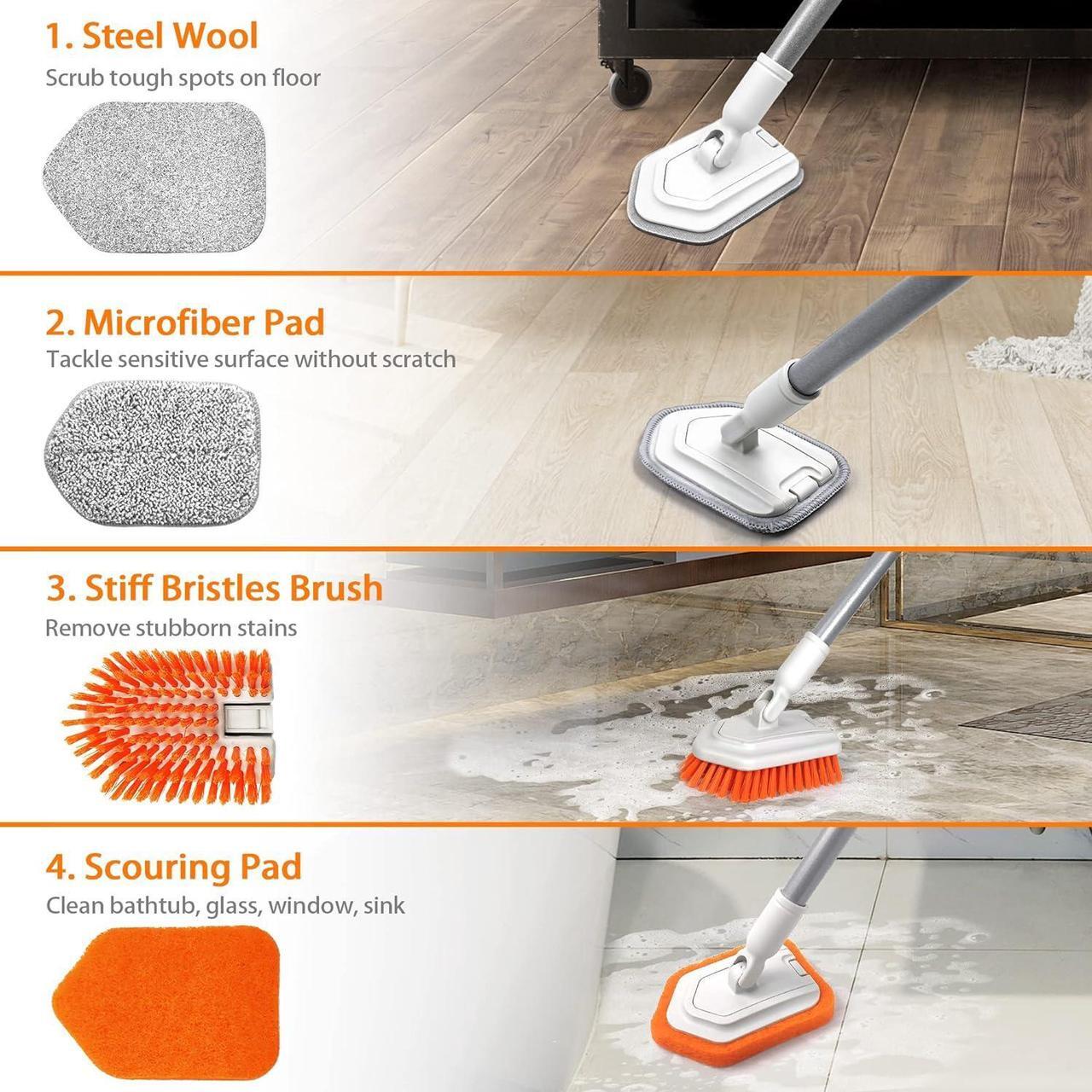 Alt view image 2 of 6 - JEHONN 4-in-1 Tile Tub Scrubber with Long Handle, Upgraded Shower Cleaning Brush, 4 Different Function Scrub Brush Attachments Head for Bathroom, Bathtub, Floor, Wall, Baseboard