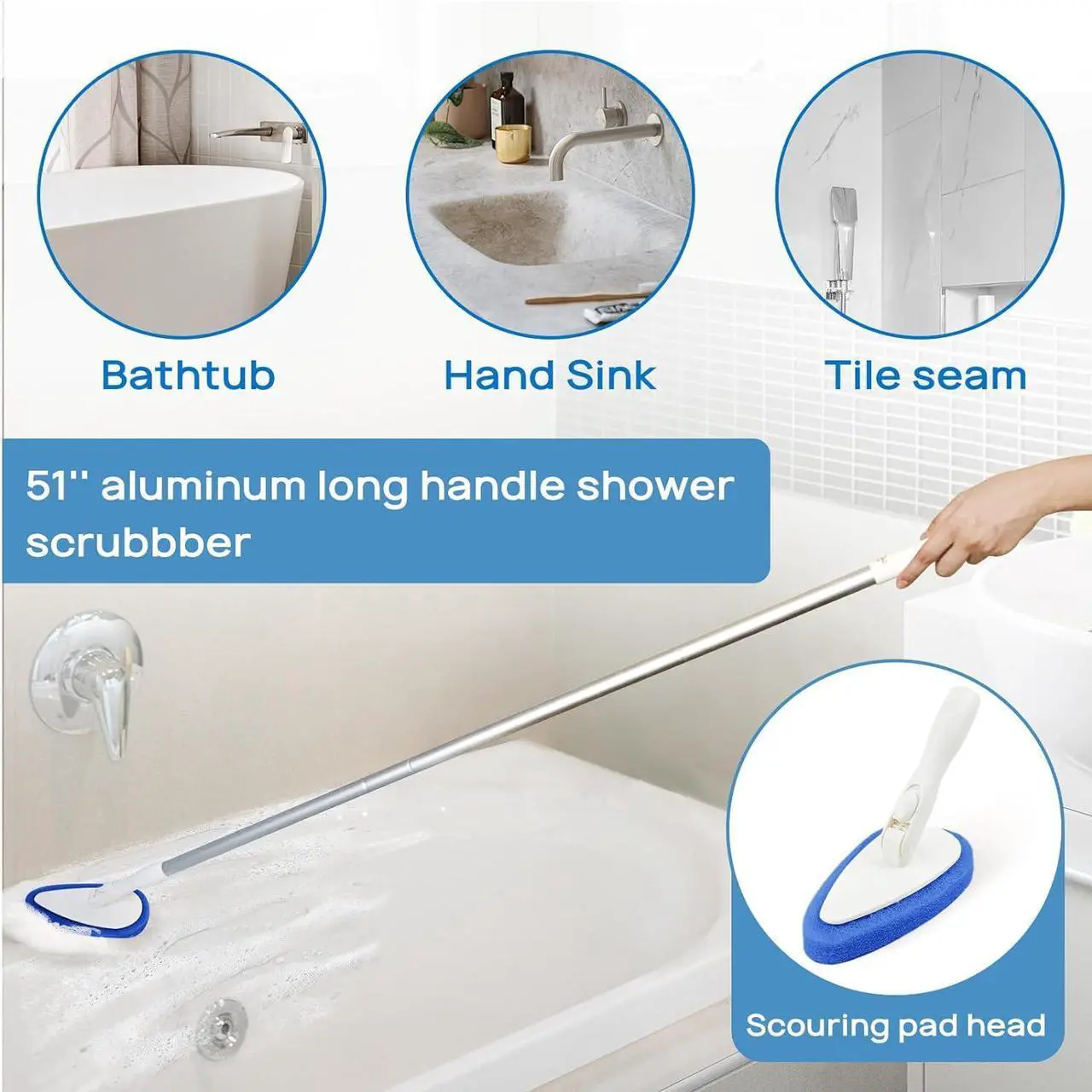 Alt view image 2 of 7 - Qaestfy Shower Scrubber Cleaning Brush Combo Bath Tub Tile Cleaner Scrubber Brush with 51'' Adjustable Long Handle Scrub Brush for Bathroom Shower Bathtub Wall Mop Cleaning Scrubbing