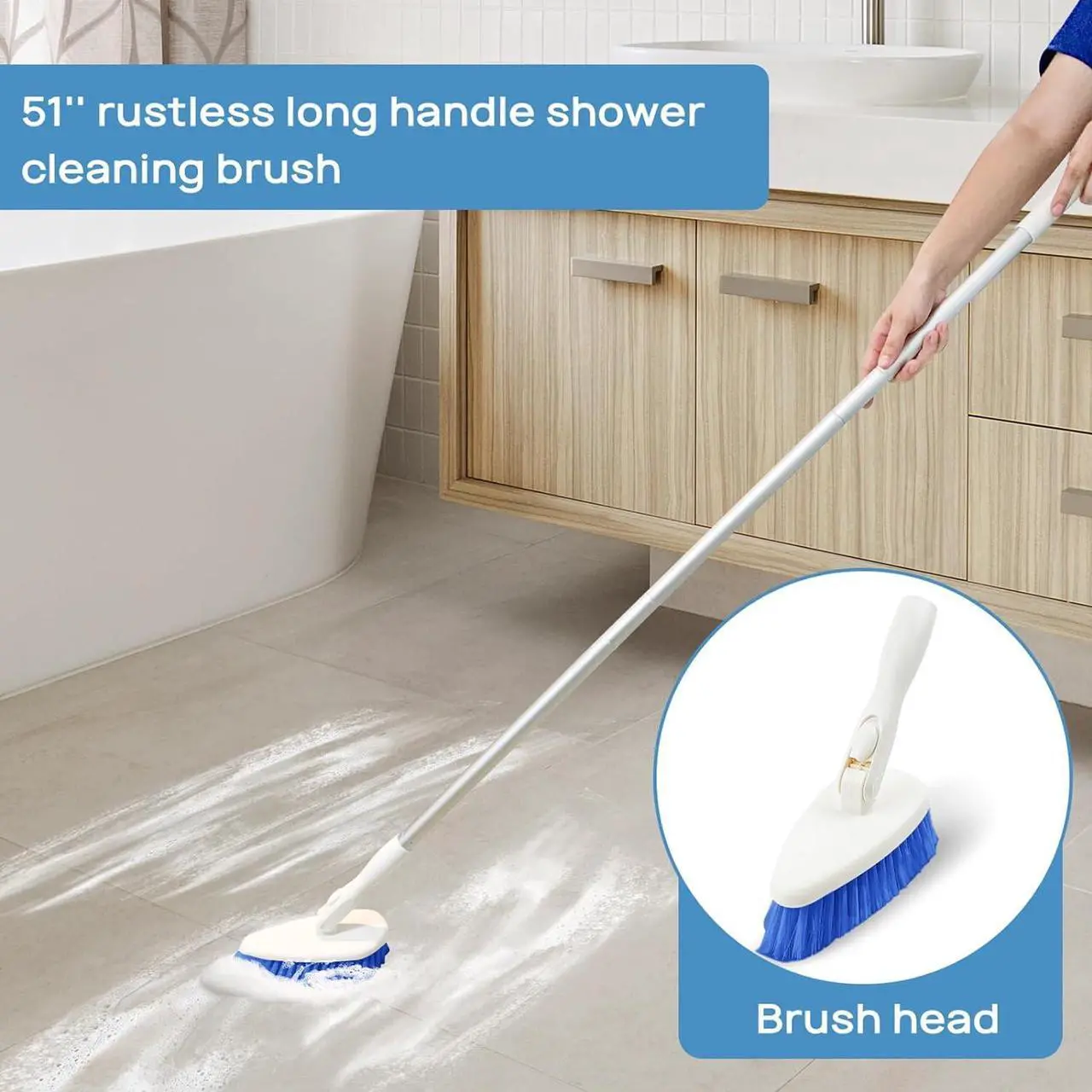 Alt view image 3 of 7 - Qaestfy Shower Scrubber Cleaning Brush Combo Bath Tub Tile Cleaner Scrubber Brush with 51'' Adjustable Long Handle Scrub Brush for Bathroom Shower Bathtub Wall Mop Cleaning Scrubbing