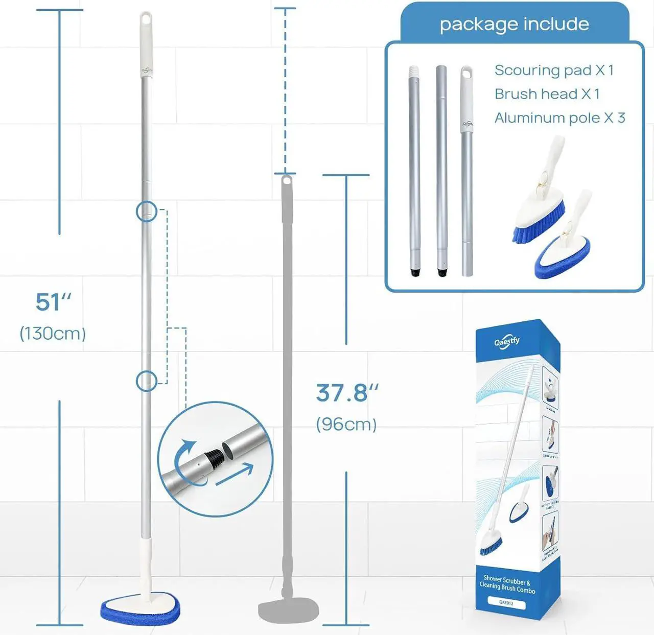 Alt view image 6 of 7 - Qaestfy Shower Scrubber Cleaning Brush Combo Bath Tub Tile Cleaner Scrubber Brush with 51'' Adjustable Long Handle Scrub Brush for Bathroom Shower Bathtub Wall Mop Cleaning Scrubbing