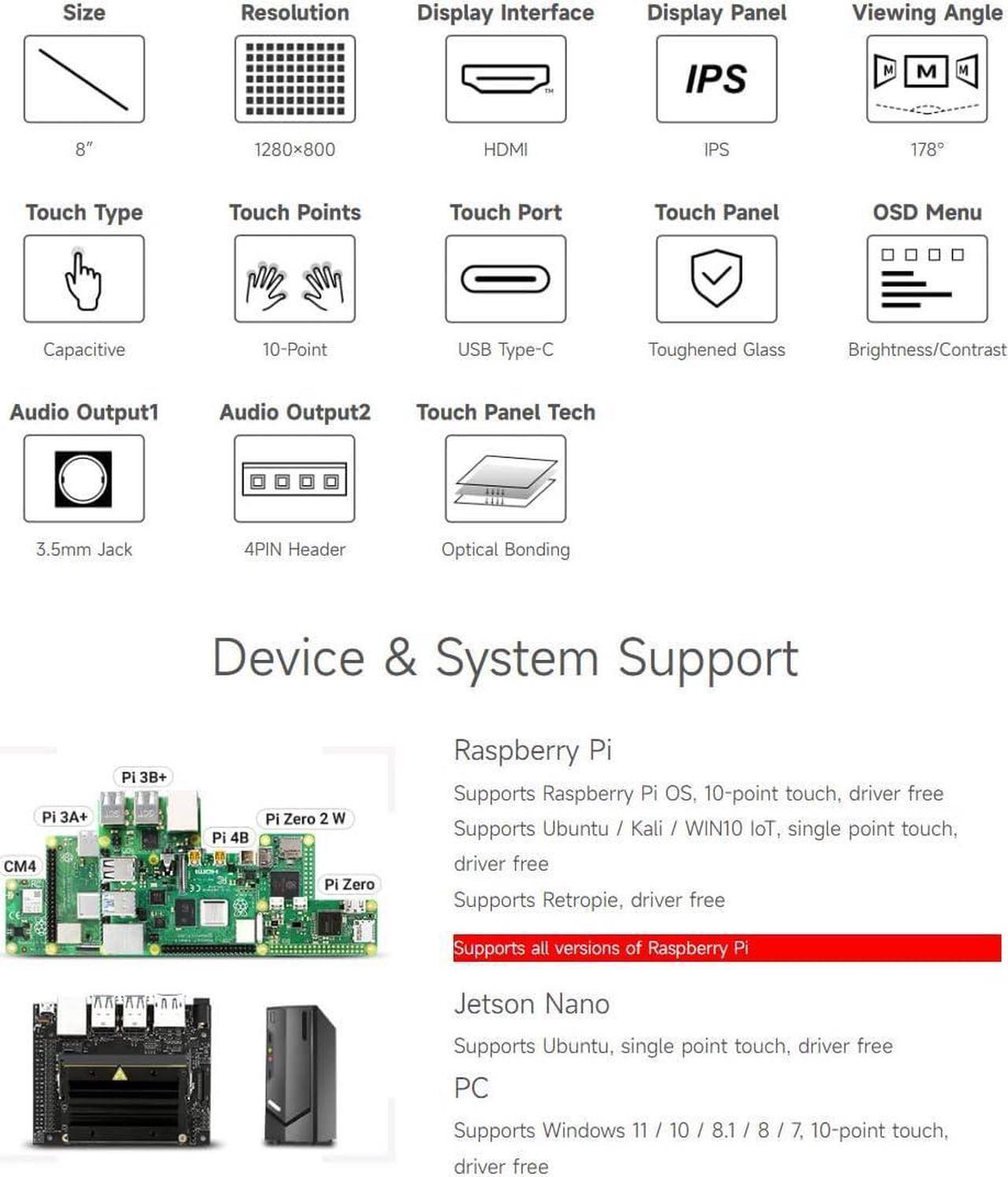 Alt view image 4 of 7 - 10.1inch Capacitive Touch LCD IPS Display, 1280×800 Resolution, HDMI Interface, Compatible with Raspberry Pi 5/4B/3B/Zero/Zero W/Zero 2W/Pico/Pico W/Pico WH, Support Jetson Nano/PC