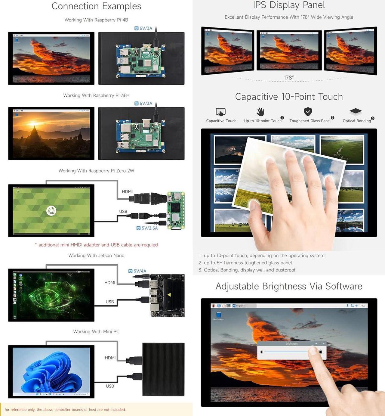 Alt view image 5 of 7 - 10.1inch Capacitive Touch LCD IPS Display, 1280×800 Resolution, HDMI Interface, Compatible with Raspberry Pi 5/4B/3B/Zero/Zero W/Zero 2W/Pico/Pico W/Pico WH, Support Jetson Nano/PC