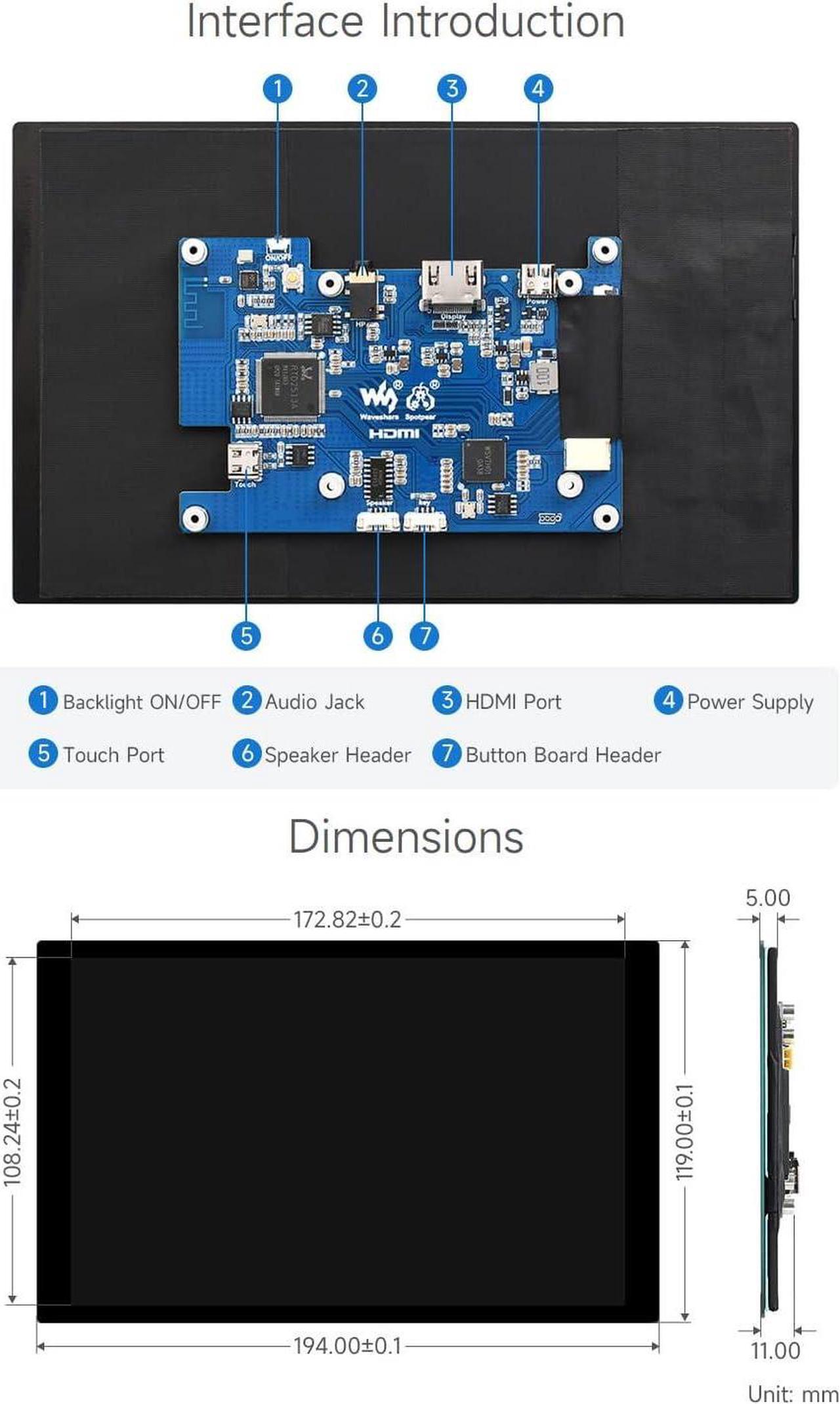 Alt view image 6 of 7 - 10.1inch Capacitive Touch LCD IPS Display, 1280×800 Resolution, HDMI Interface, Compatible with Raspberry Pi 5/4B/3B/Zero/Zero W/Zero 2W/Pico/Pico W/Pico WH, Support Jetson Nano/PC