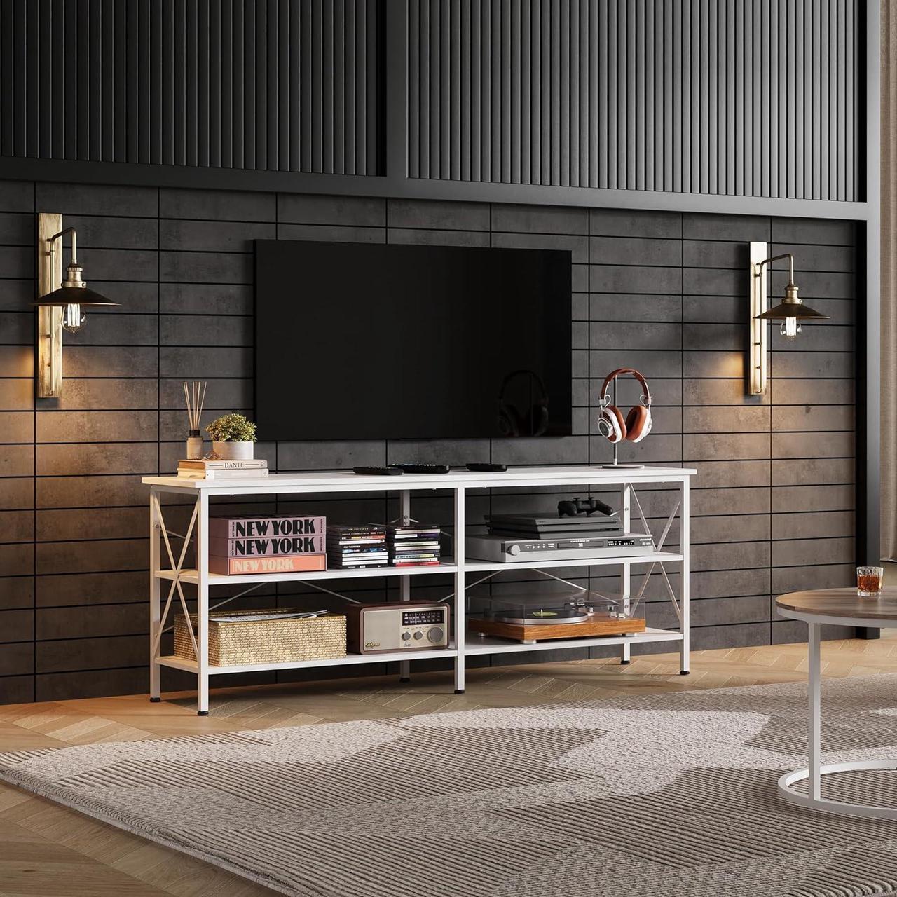 Alt view image 2 of 7 - WLIVE TV Stand for 65 70 inch TV, Entertainment Center with Storage, Industrial TV Console for Living Room, Long 63" TV Cabinet with Metal Frame, White