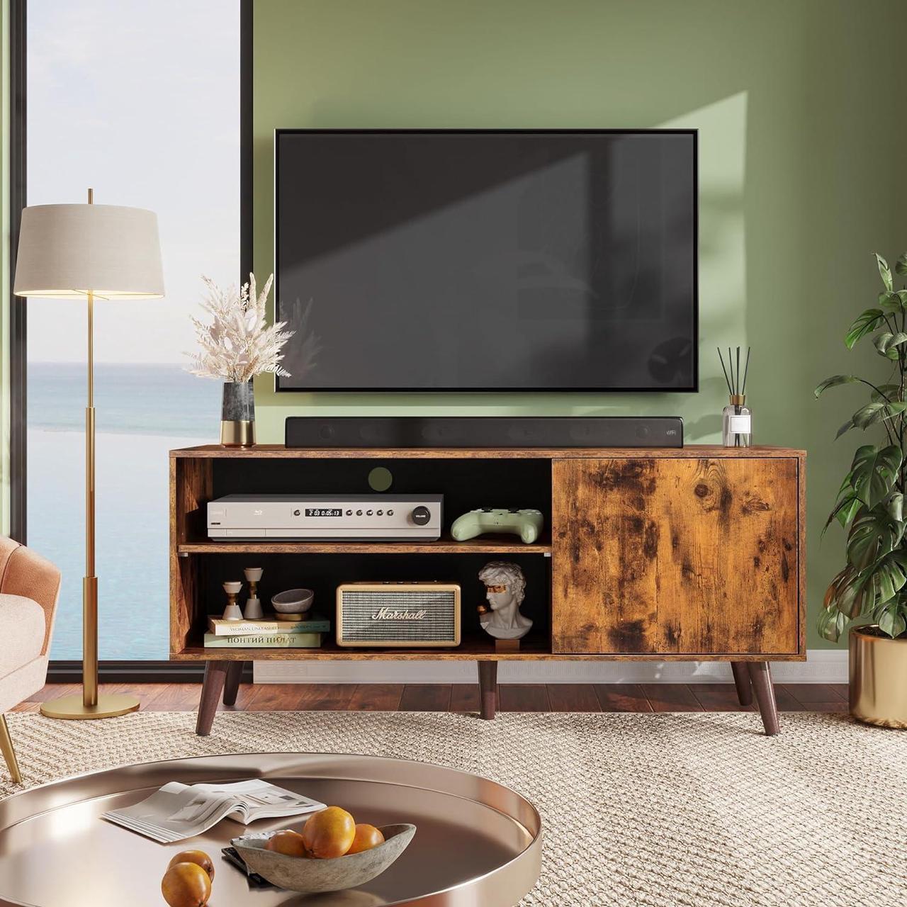 Alt view image 2 of 7 - WLIVE Mid-Century Modern TV Stand for 55" TV, Entertainment Center with Storage, Open Shelves TV Console for Living Room and Bedroom, Retro Brown