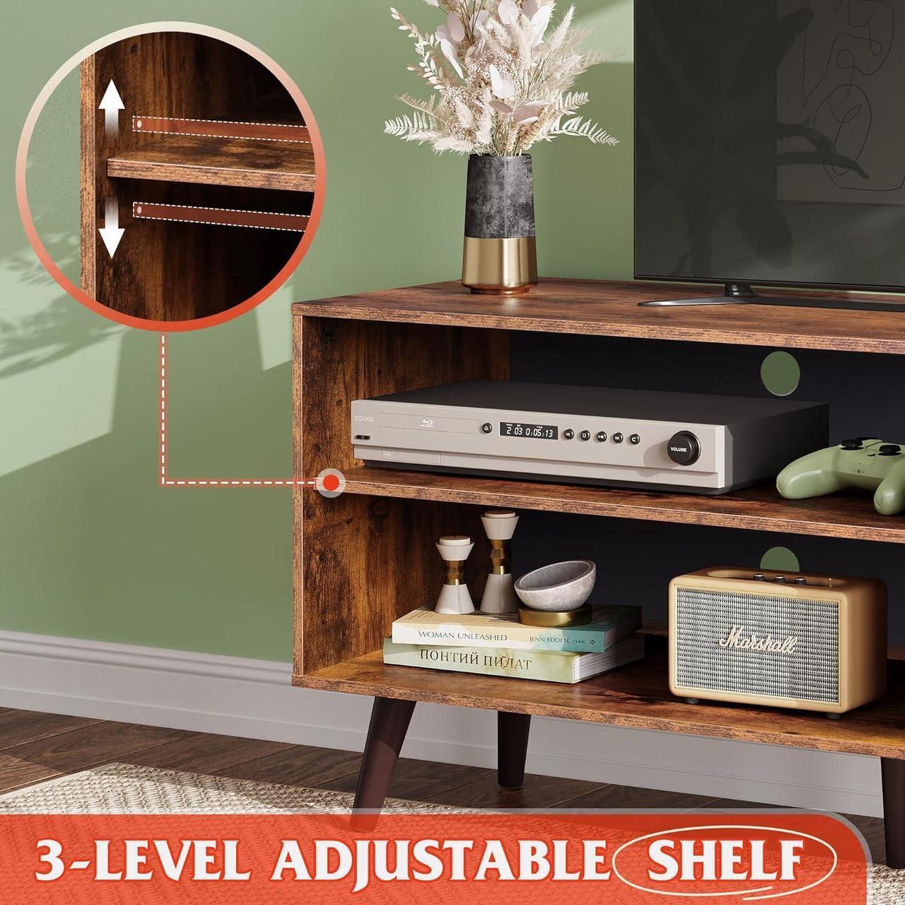 Alt view image 5 of 7 - WLIVE Mid-Century Modern TV Stand for 55" TV, Entertainment Center with Storage, Open Shelves TV Console for Living Room and Bedroom, Retro Brown