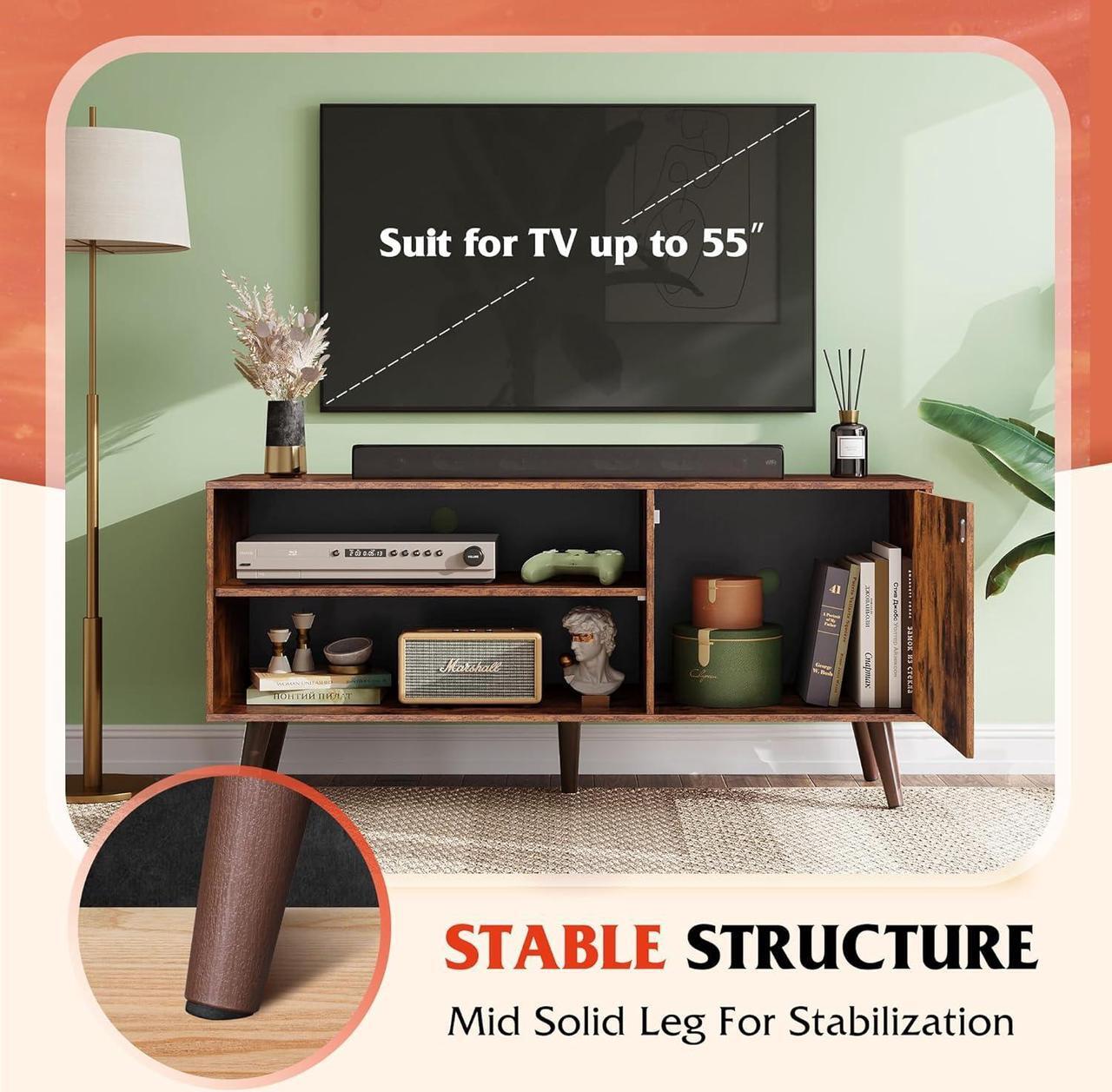 Alt view image 6 of 7 - WLIVE Mid-Century Modern TV Stand for 55" TV, Entertainment Center with Storage, Open Shelves TV Console for Living Room and Bedroom, Retro Brown