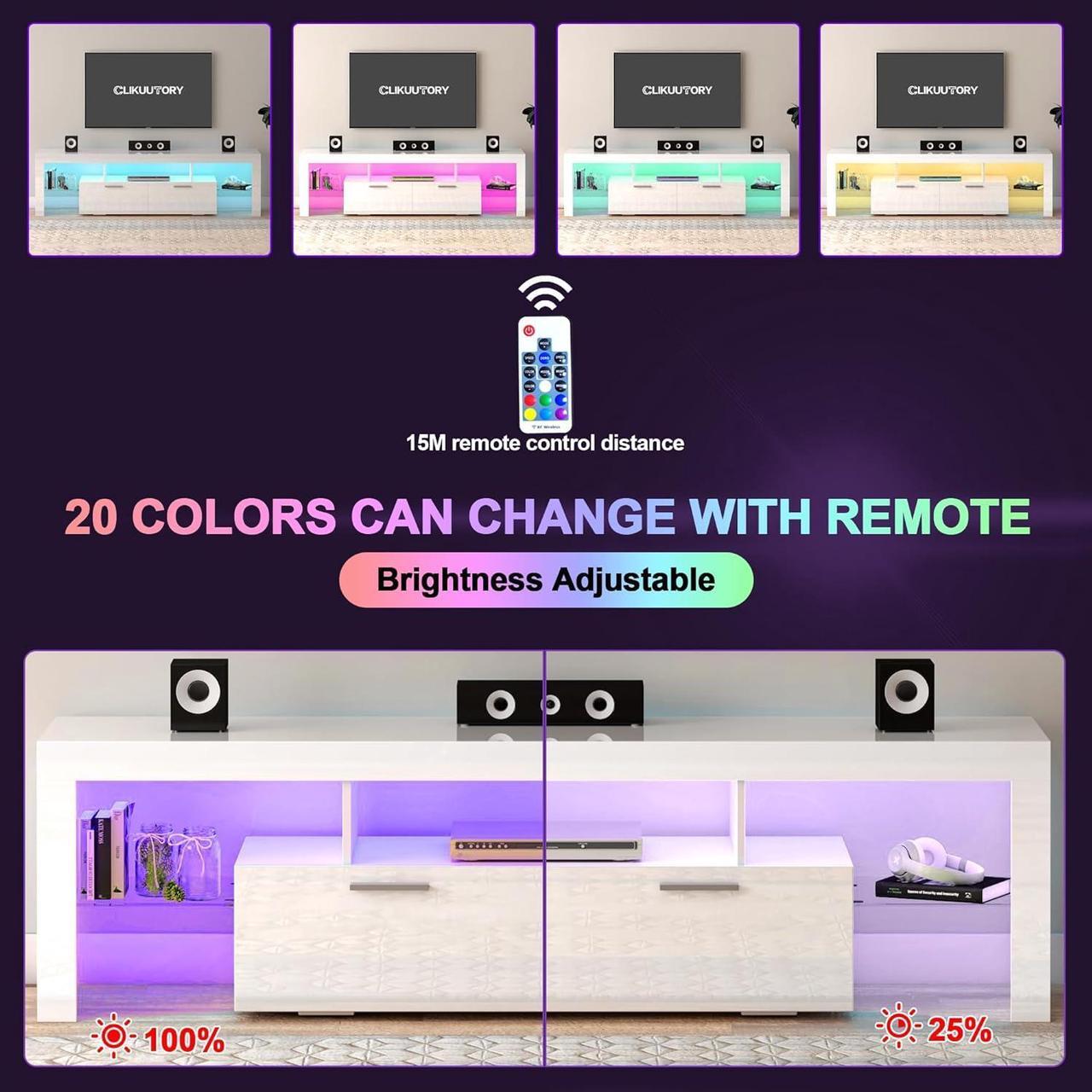 Alt view image 2 of 7 - Clikuutory Modern LED 63 inch TV Stand with Large Storage Drawer for 40 50 55 60 65 70 75 Inch TVs, White Wood TV Console with High Glossy Entertainment Center for Gaming, Living Room, Bedroom