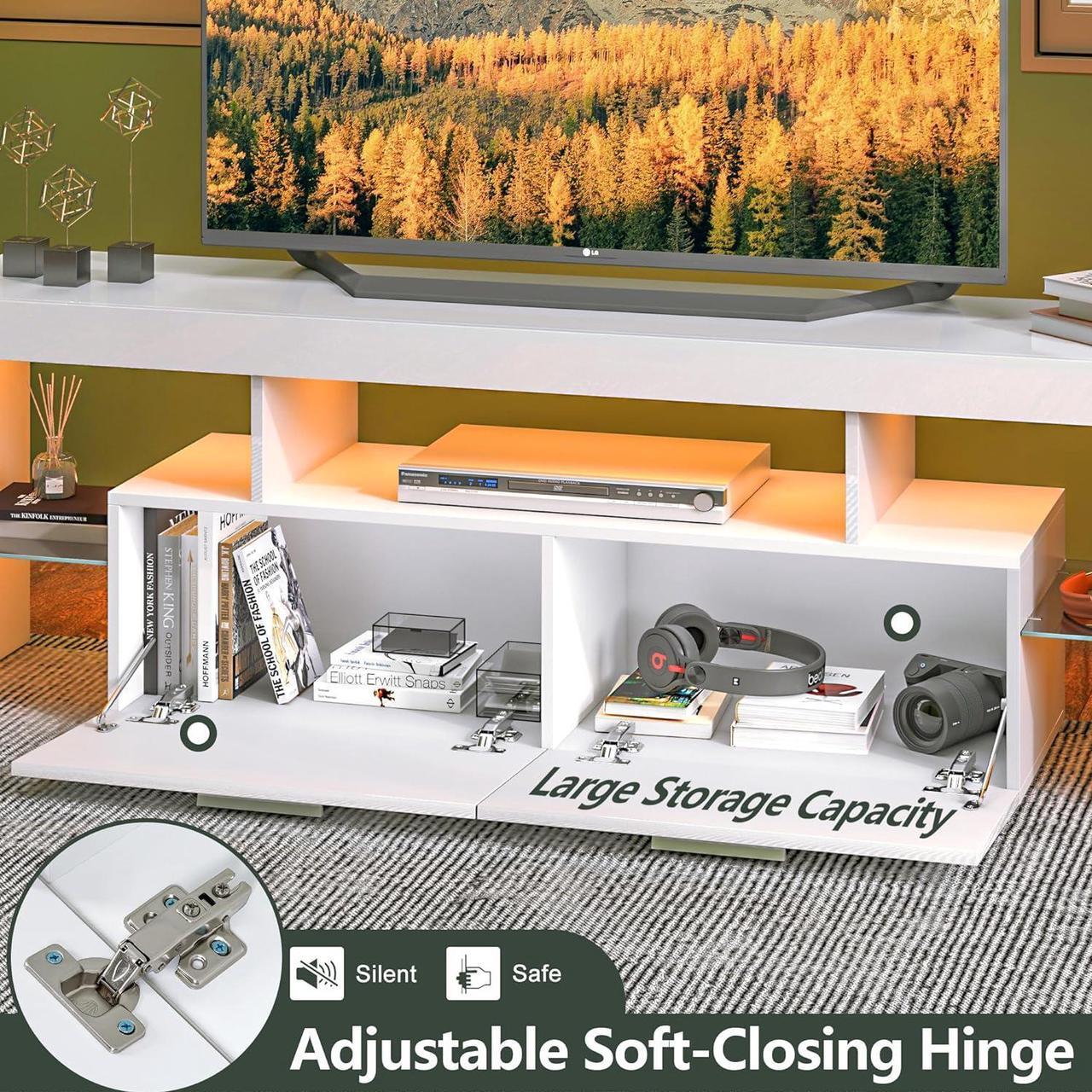 Alt view image 4 of 7 - Clikuutory Modern LED 63 inch TV Stand with Large Storage Drawer for 40 50 55 60 65 70 75 Inch TVs, White Wood TV Console with High Glossy Entertainment Center for Gaming, Living Room, Bedroom
