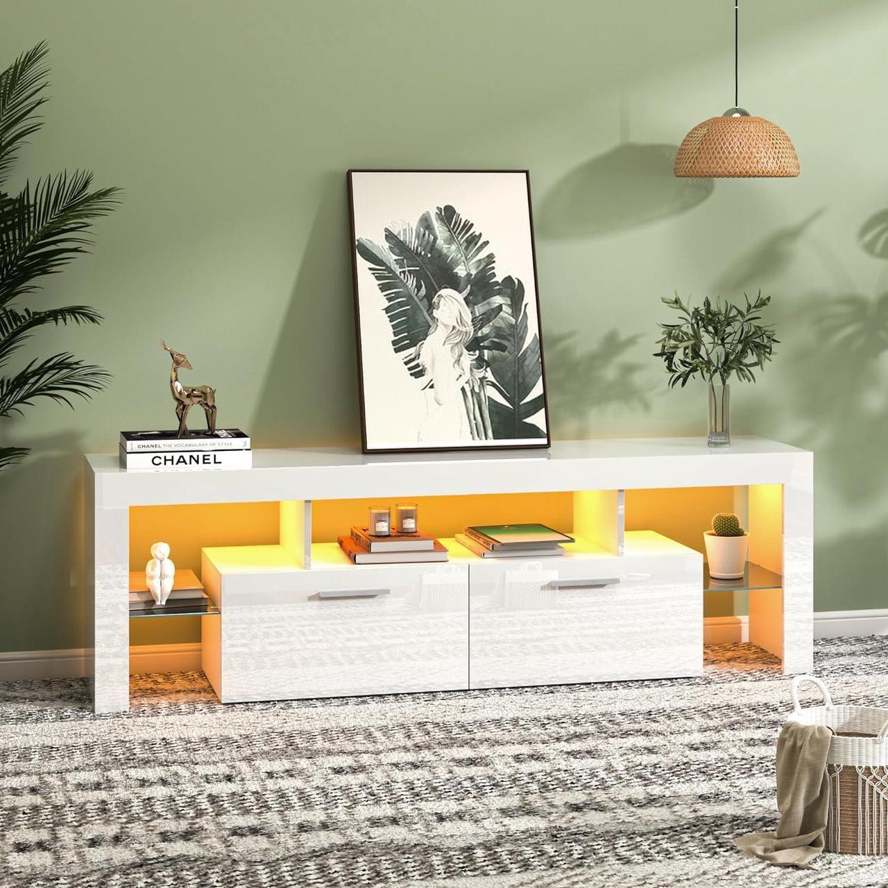 Alt view image 5 of 7 - Clikuutory Modern LED 63 inch TV Stand with Large Storage Drawer for 40 50 55 60 65 70 75 Inch TVs, White Wood TV Console with High Glossy Entertainment Center for Gaming, Living Room, Bedroom