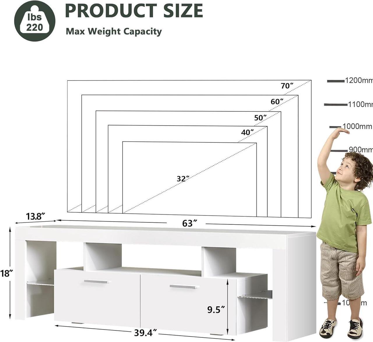 Alt view image 6 of 7 - Clikuutory Modern LED 63 inch TV Stand with Large Storage Drawer for 40 50 55 60 65 70 75 Inch TVs, White Wood TV Console with High Glossy Entertainment Center for Gaming, Living Room, Bedroom