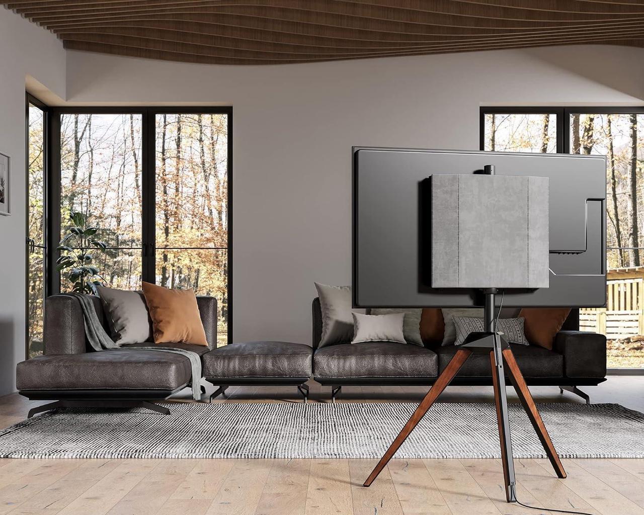 Alt view image 2 of 7 - FITUEYES Design Corner TV Stand for 37 43 50 55 65 Inch TV, Tripod TV Stand Modern Easel TV Floor Stand for LED LCD Screens with Concealed Storage Wood Iron TV Furniture, Picasso Series