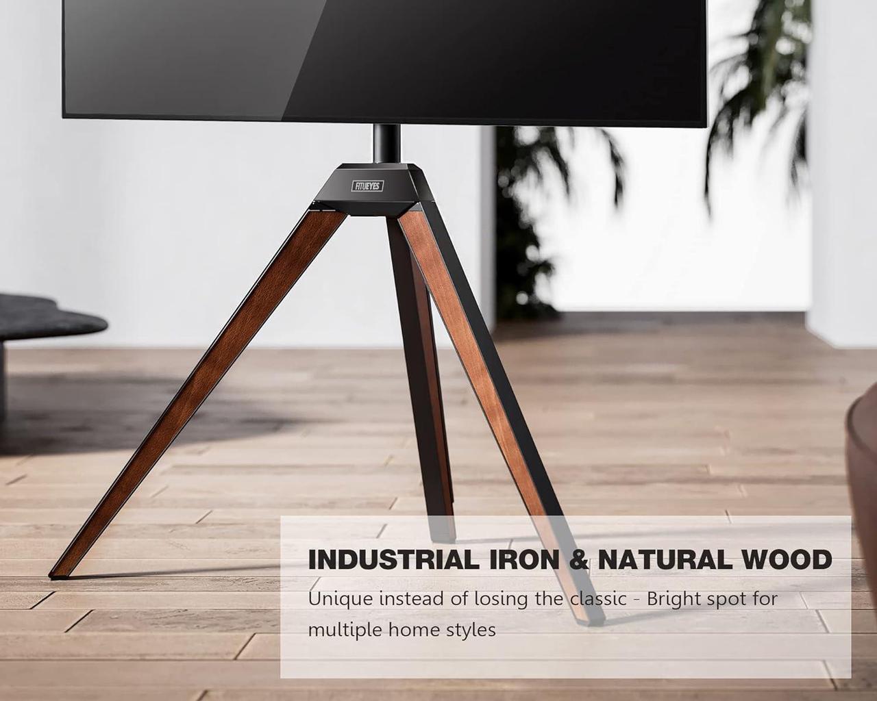 Alt view image 3 of 7 - FITUEYES Design Corner TV Stand for 37 43 50 55 65 Inch TV, Tripod TV Stand Modern Easel TV Floor Stand for LED LCD Screens with Concealed Storage Wood Iron TV Furniture, Picasso Series