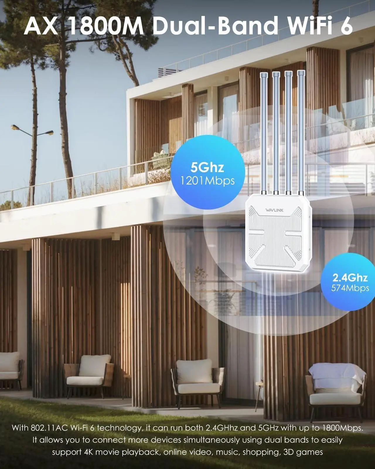 Alt view image 2 of 7 - WAVLINK Outdoor WiFi 6 Extender AX1800 High Power Outdoor Weatherproof WiFi Range Extender Access Point with Passive/Active POE, Dual Band 2.4GHz+5GHz, 4x8dBi Detachable Antenna