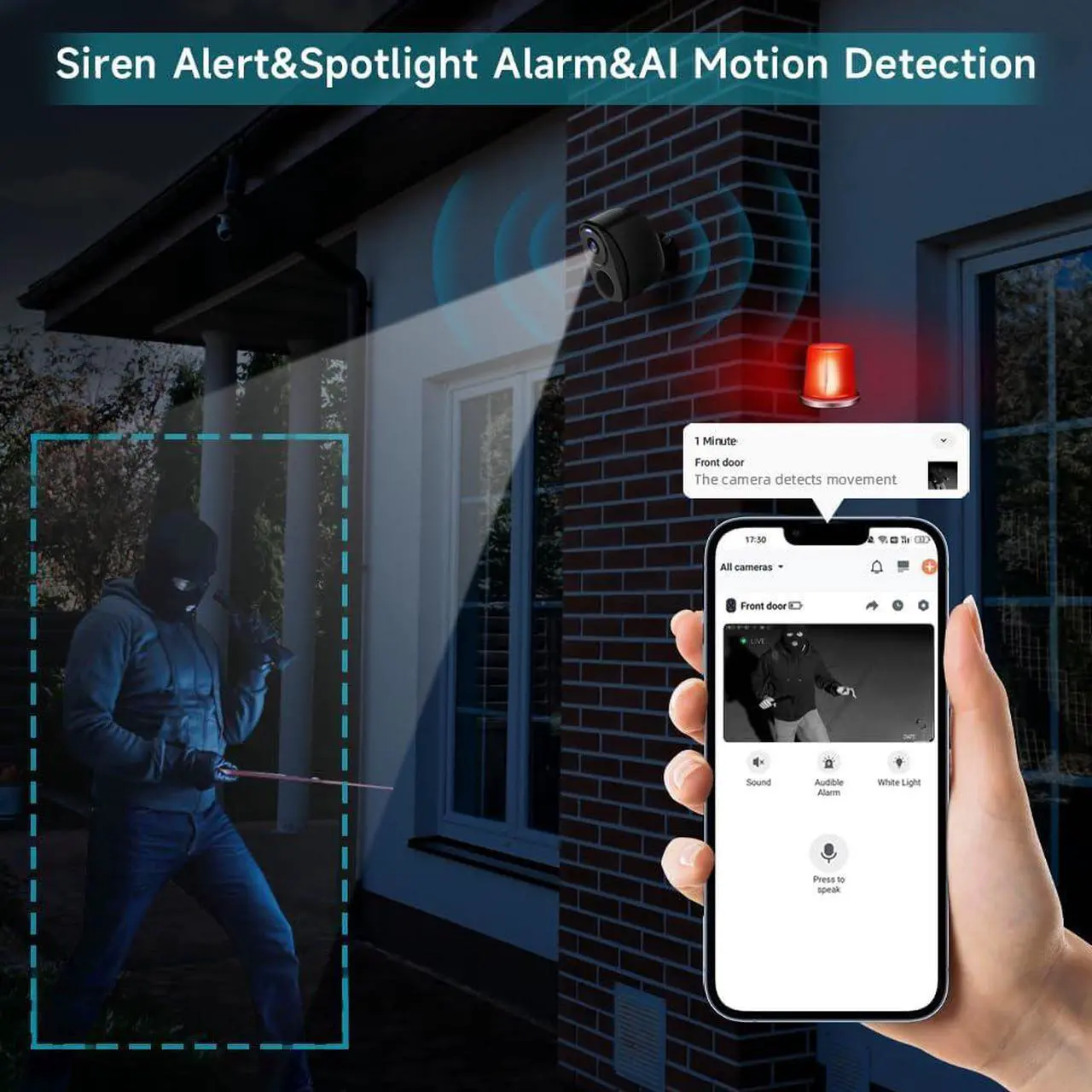 Alt view image 6 of 7 - 2K Security Cameras Wireless Outdoor,2pc WiFi Security Indoor Cameras for Home Security with Spotlight & Siren Alarm, 2-Way Audio, Color Night Vision, AI Detection for Home Security, Waterproof