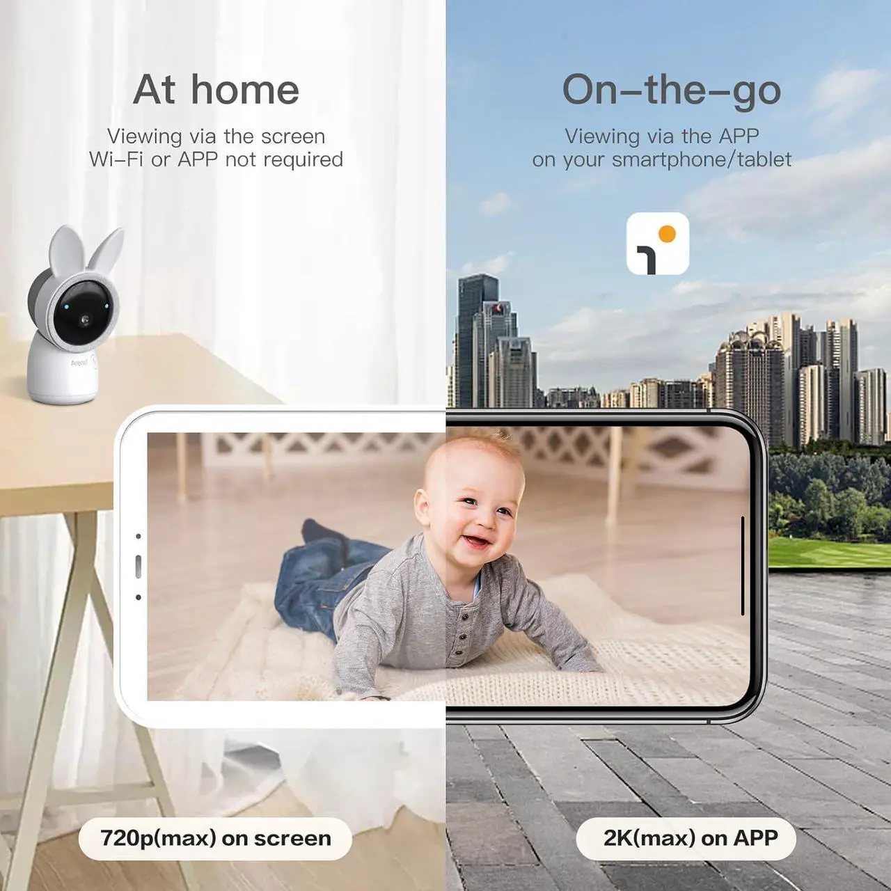 Alt view image 4 of 6 - Video Baby Monitor, Audio Monitor with 2K Ultra HD WiFi Camera,5" Color Display,Night Vision,Lullabies,Cry Detection,Motion Detection,Temp & Humidity Sensor,Two Way Talk,App Control