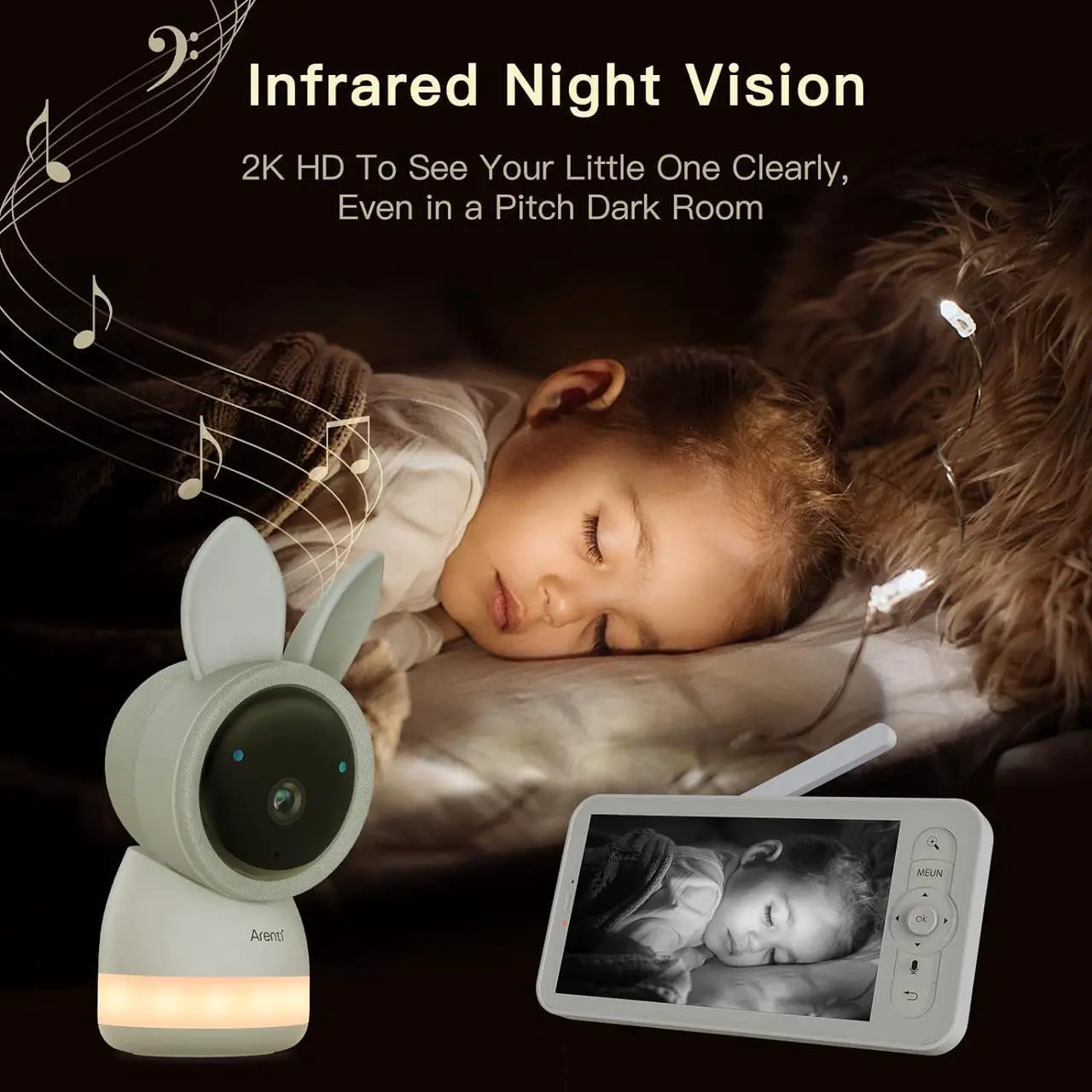 Alt view image 5 of 6 - Video Baby Monitor, Audio Monitor with 2K Ultra HD WiFi Camera,5" Color Display,Night Vision,Lullabies,Cry Detection,Motion Detection,Temp & Humidity Sensor,Two Way Talk,App Control