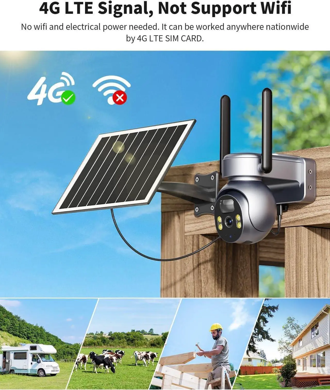 Alt view image 2 of 7 - LIWAN 4G LTE Cellular Security Camera Wireless Outdoor (Includes SIM Card), 2K Solar Powered No WiFi Camera for Home, 360° Full Cover, Color Night Vision, 2 Way Talk, PIR Motion & Siren Alerts
