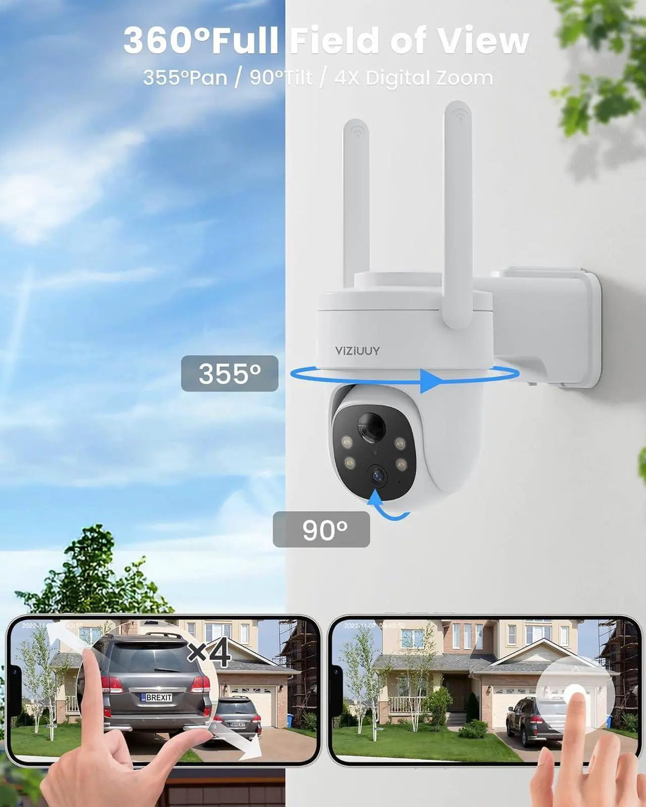 Alt view image 4 of 7 - Solar Security Cameras Wireless Outdoor, 2 Pack 3MP Security Cameras Wireless Outdoor, Pan Tilt 360°WiFi Camera with Color Night Vision/PIR Sensor/2-Way Audio/Alexa/Google Assistant