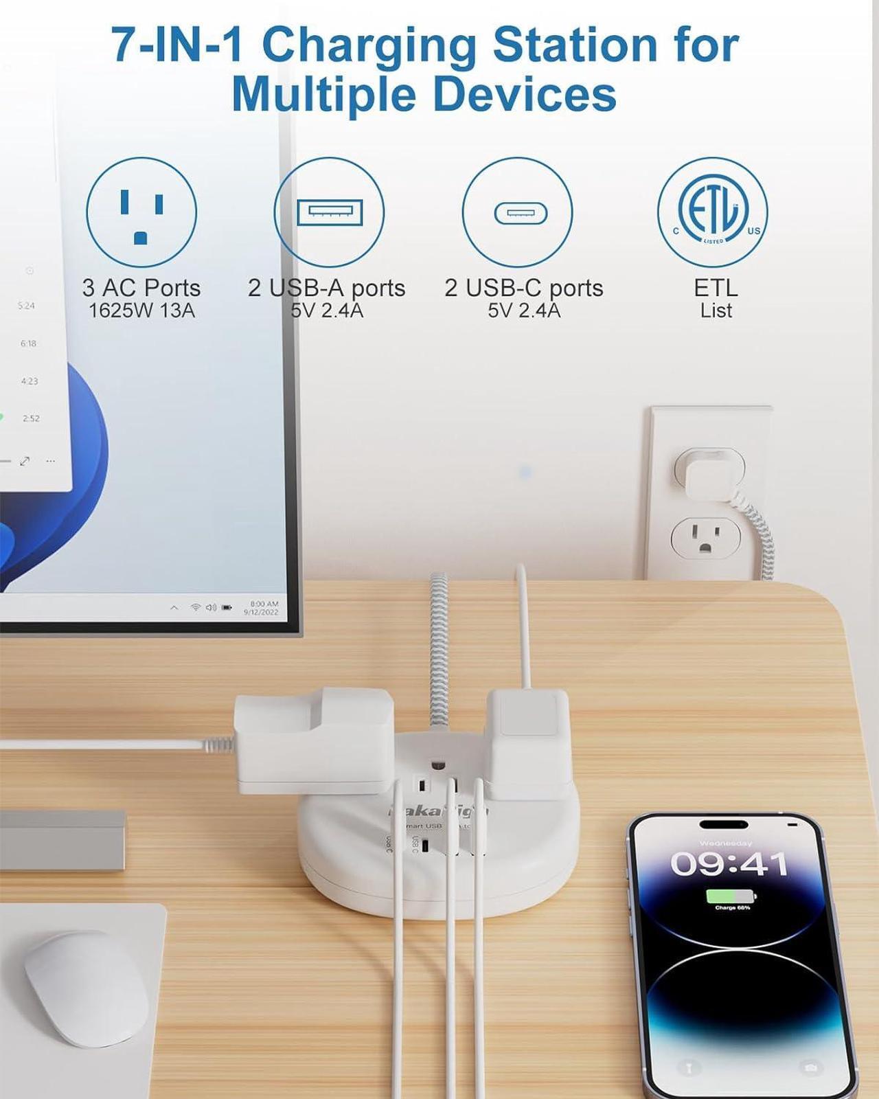 Alt view image 5 of 7 - Power Strip Surge Protector(1080J) - Braided Extension Cord 5 Feet, 13 Amp (1625W) Power Surge Protector with 3 AC Outlet 4 USB (24W/4.8A), College Dorm Room Essentials ETL Listed, White