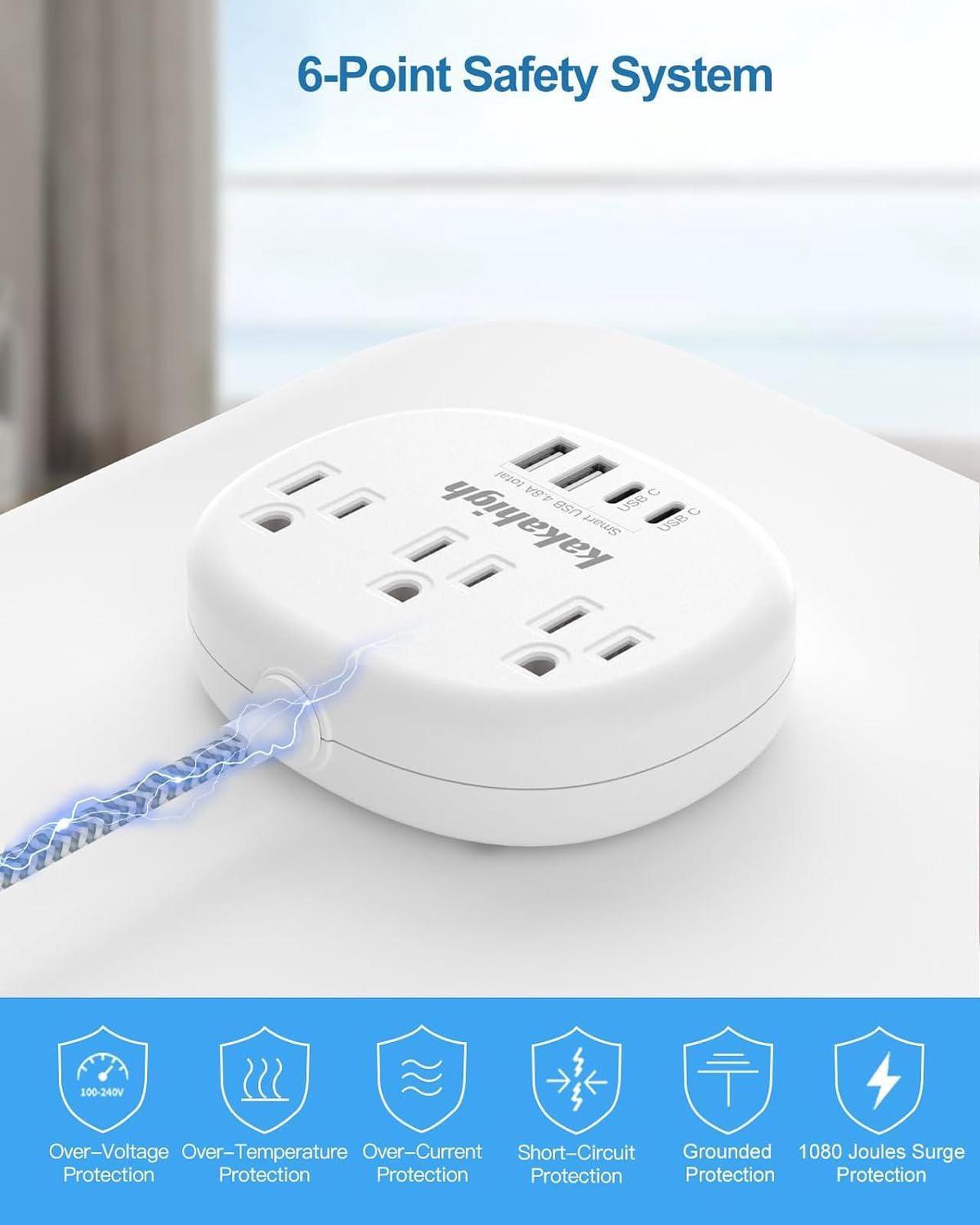 Alt view image 7 of 7 - Power Strip Surge Protector(1080J) - Braided Extension Cord 5 Feet, 13 Amp (1625W) Power Surge Protector with 3 AC Outlet 4 USB (24W/4.8A), College Dorm Room Essentials ETL Listed, White