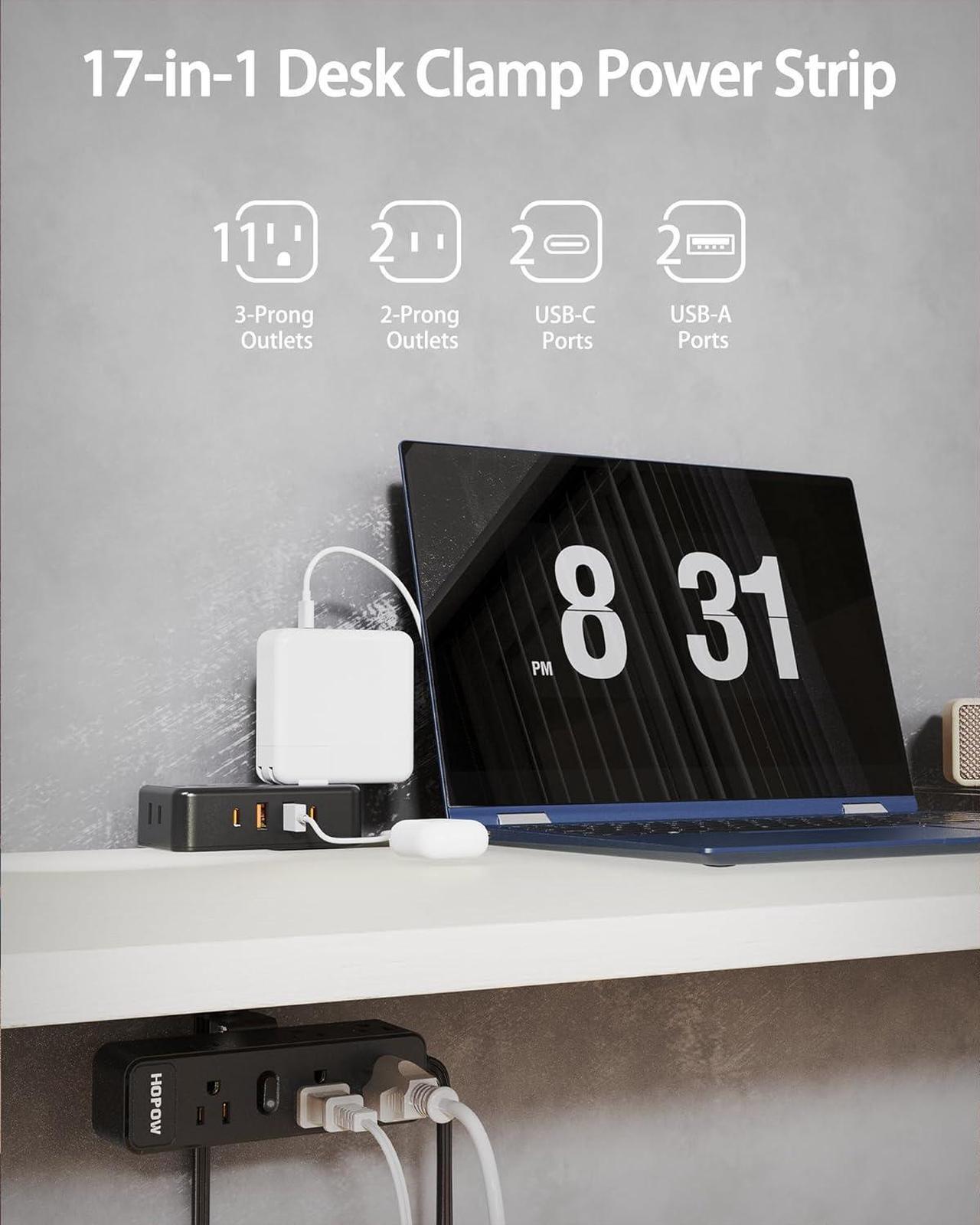 Alt view image 2 of 7 - Dual Layer Desk Clamp Power Strip, Desktop Edge Mount Charging Station with 13 Outlets 4 USB Ports (2 USB C), Under Desk Surge Protector(1700 Joules), 10 Ft Extension Cord for Office Home