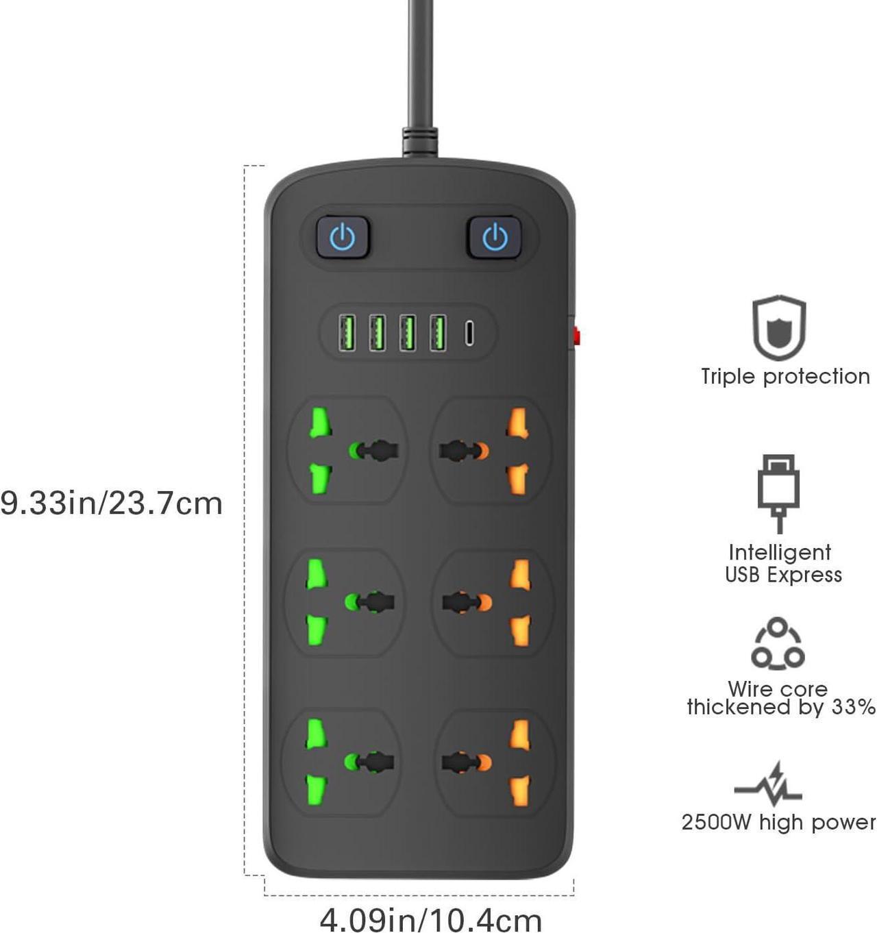 Alt view image 3 of 4 - Universal Power Strip with USB and Type C Port, Surge Protector with 6 Universal Oulets and 4 USB, 110-250V, 6.5ft Extension Lead 2500W for European Travel, Home Office Black