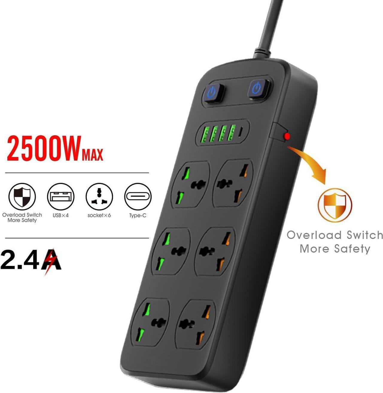 Alt view image 2 of 4 - Universal Power Strip with USB and Type C Port, Surge Protector with 6 Universal Oulets and 4 USB, 110-250V, 6.5ft Extension Lead 2500W for European Travel, Home Office Black