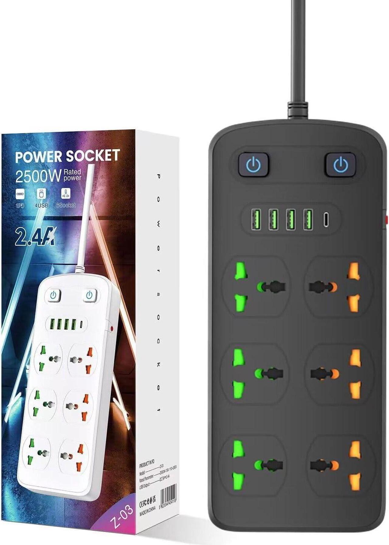 Alt view image 4 of 4 - Universal Power Strip with USB and Type C Port, Surge Protector with 6 Universal Oulets and 4 USB, 110-250V, 6.5ft Extension Lead 2500W for European Travel, Home Office Black