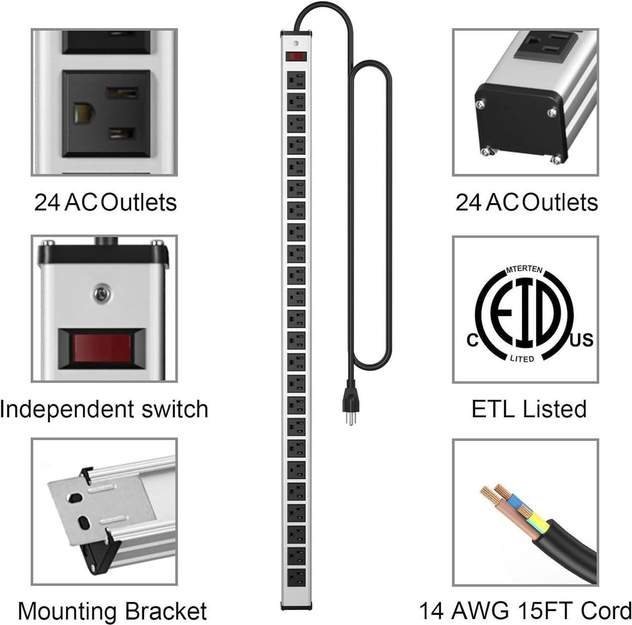 Alt view image 2 of 6 - 24 Outlets Extra Long Power Strip,Heavy Duty Metal Socket Power Strip,Metal Power Strip with 15-Foot Extension Power Cord,ETL Certified