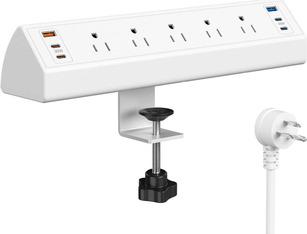 Main image of Desk Clamp Power Strip USB C,75W Total Fast Charging Station,45W and 30W USB-C Ports,Desk Edge Mount Power Strip 6-USB Ports,5 AC Outlets Tabletop Surge Protector,Fit 1.6" Tabletop Edge,White