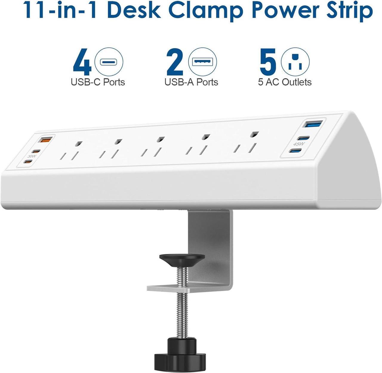 Alt view image 2 of 7 - Desk Clamp Power Strip USB C,75W Total Fast Charging Station,45W and 30W USB-C Ports,Desk Edge Mount Power Strip 6-USB Ports,5 AC Outlets Tabletop Surge Protector,Fit 1.6" Tabletop Edge,White
