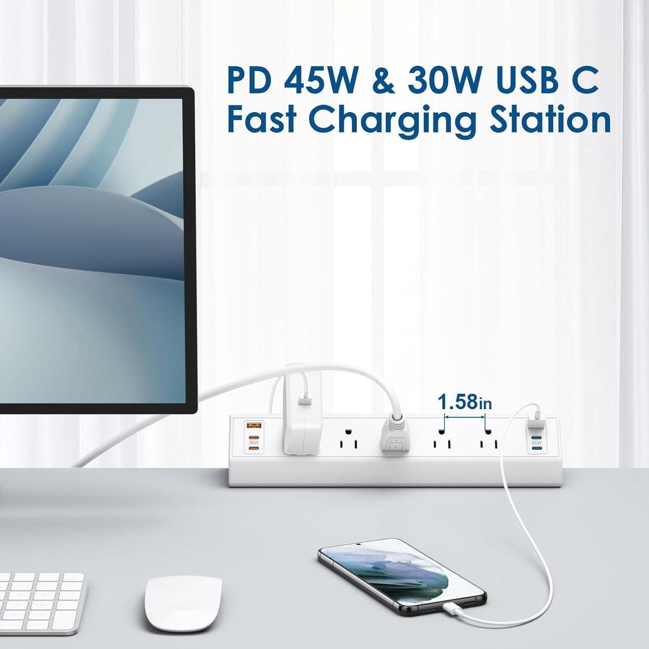 Alt view image 3 of 7 - Desk Clamp Power Strip USB C,75W Total Fast Charging Station,45W and 30W USB-C Ports,Desk Edge Mount Power Strip 6-USB Ports,5 AC Outlets Tabletop Surge Protector,Fit 1.6" Tabletop Edge,White