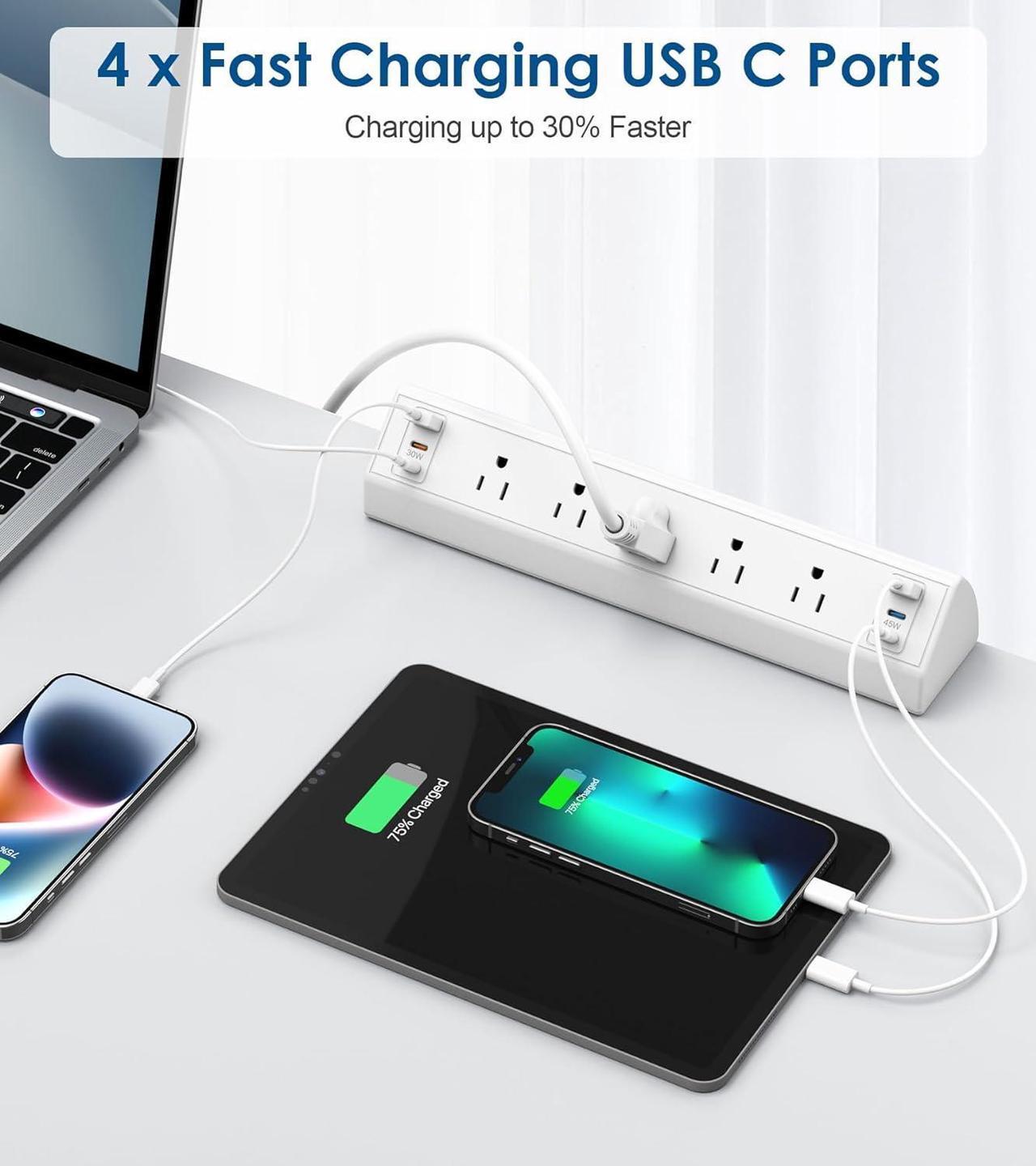 Alt view image 4 of 7 - Desk Clamp Power Strip USB C,75W Total Fast Charging Station,45W and 30W USB-C Ports,Desk Edge Mount Power Strip 6-USB Ports,5 AC Outlets Tabletop Surge Protector,Fit 1.6" Tabletop Edge,White