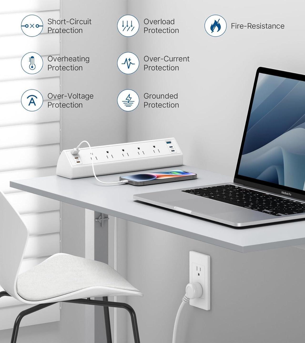 Alt view image 6 of 7 - Desk Clamp Power Strip USB C,75W Total Fast Charging Station,45W and 30W USB-C Ports,Desk Edge Mount Power Strip 6-USB Ports,5 AC Outlets Tabletop Surge Protector,Fit 1.6" Tabletop Edge,White