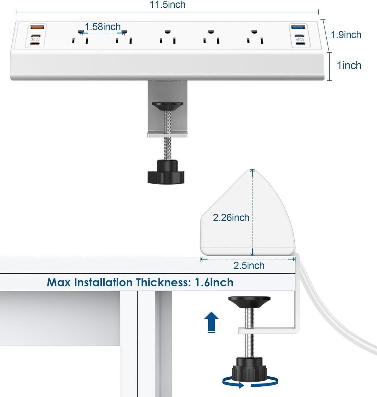 Alt view image 7 of 7 - Desk Clamp Power Strip USB C,75W Total Fast Charging Station,45W and 30W USB-C Ports,Desk Edge Mount Power Strip 6-USB Ports,5 AC Outlets Tabletop Surge Protector,Fit 1.6" Tabletop Edge,White